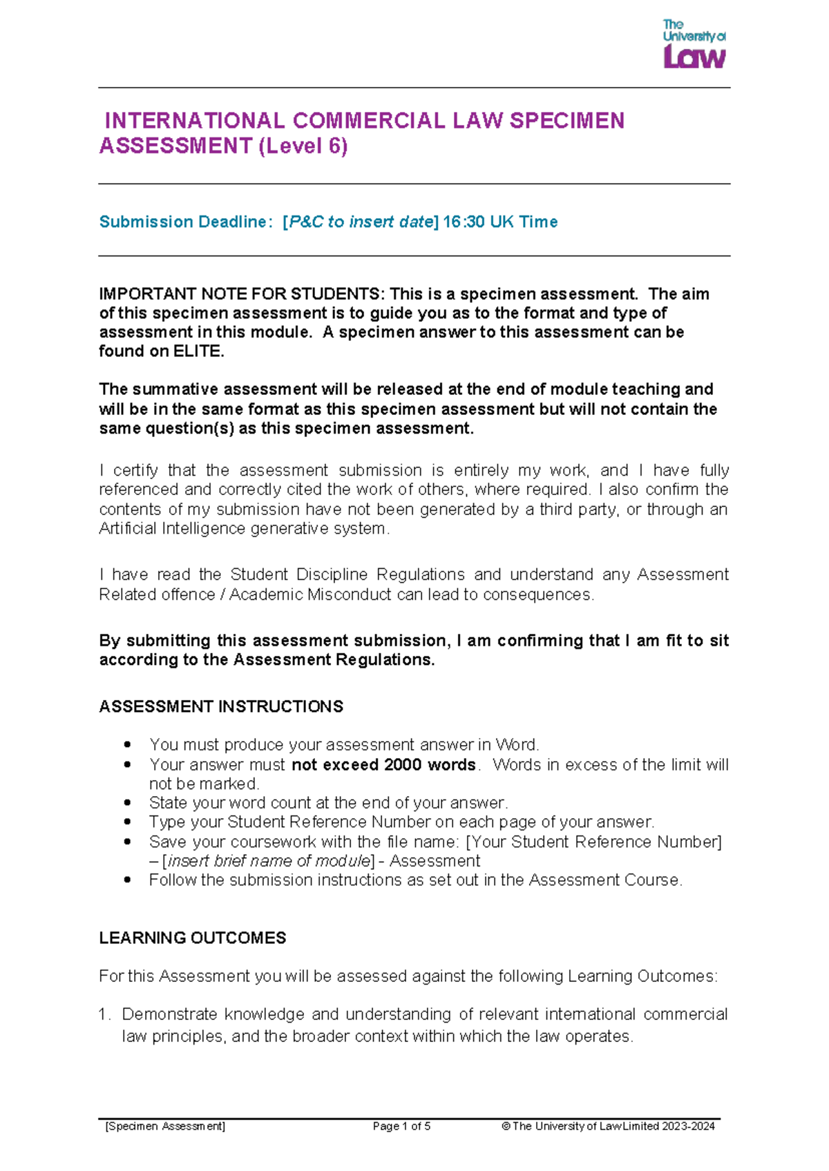 INTERNATIONAL COMMERCIAL LAW ICL CE01 Specimen Assessment Guide - Studocu