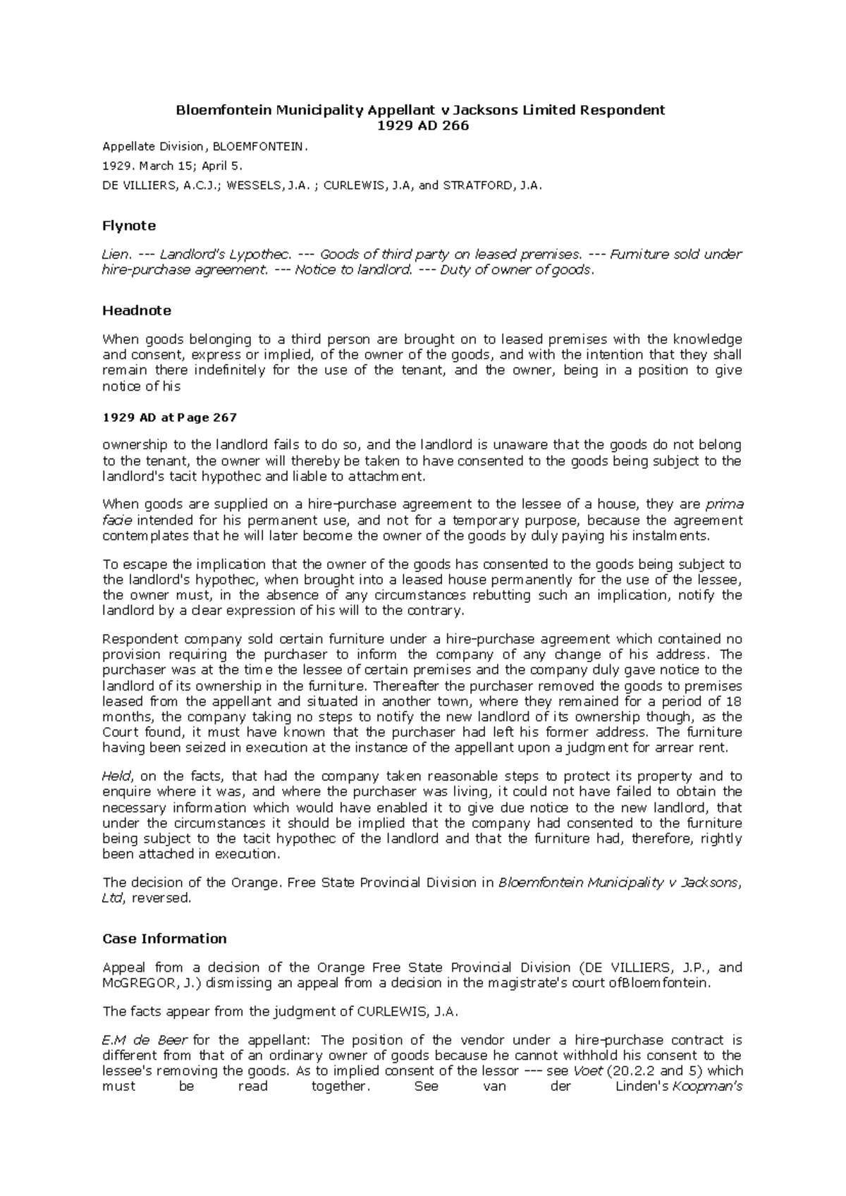 Bloemfontein Municipality Case Study on Hypothec and Hire-Purchase Law ...
