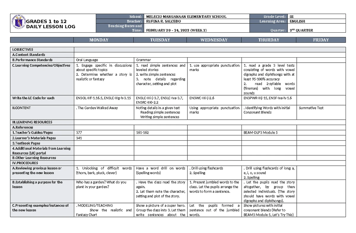 DLL English 3 Q3 W1 - Daily Lesson Log for Grades 1-12 - Studocu