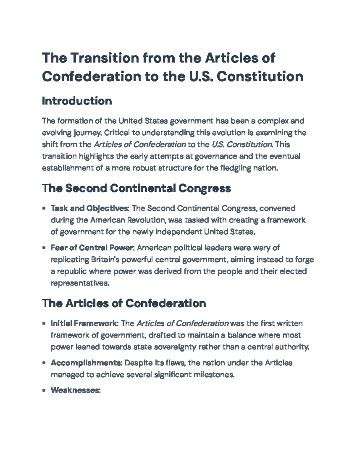 Transition from Articles of Confederation to U.S. Constitution Analysis ...