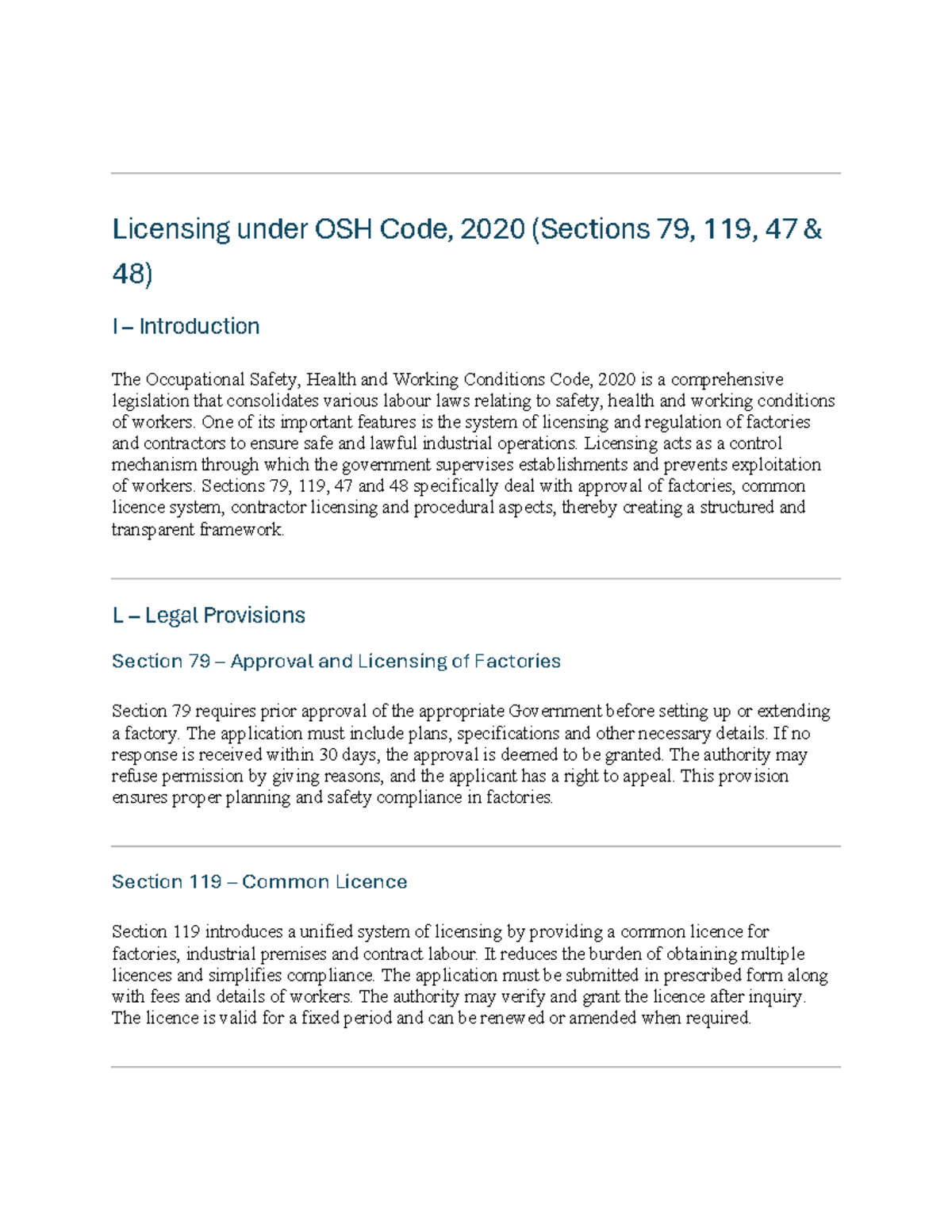 Licensing Provisions under OSH Code, 2020 (Sections 79, 119) - Studocu