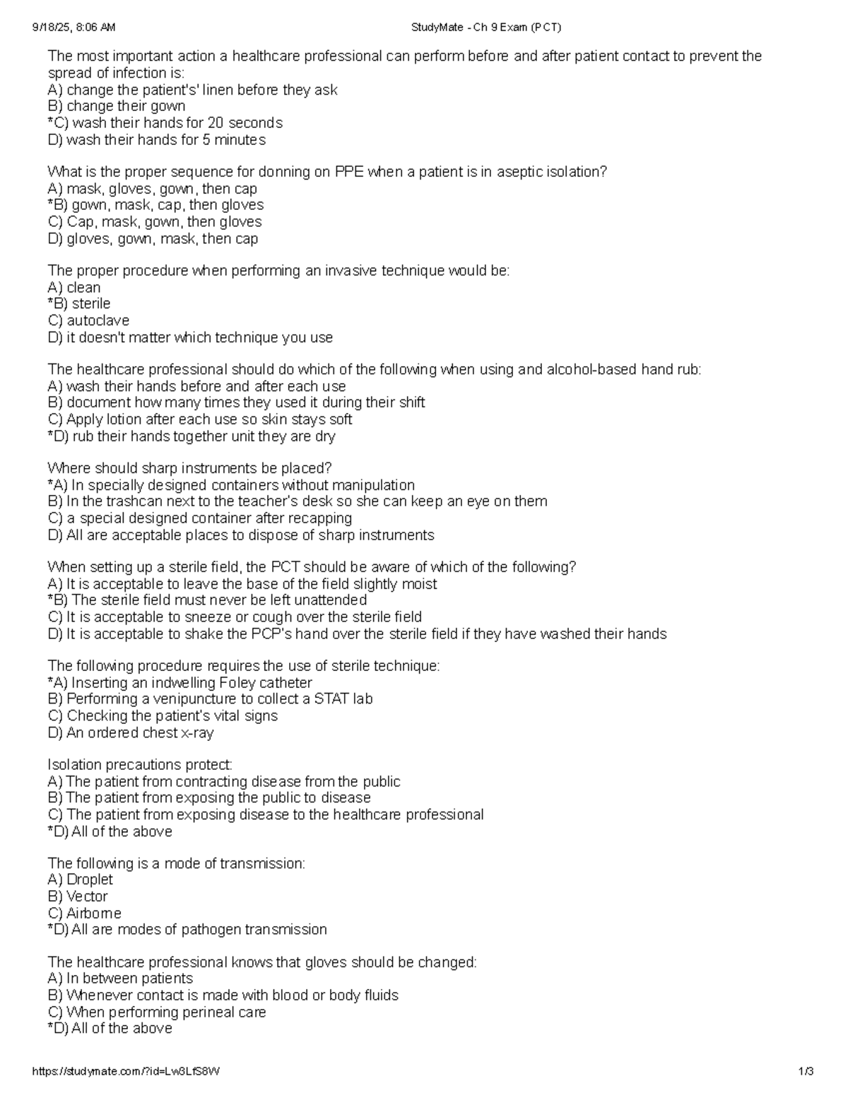 PCT Ch 9 Exam Study Guide: Infection Control & PPE - Studocu