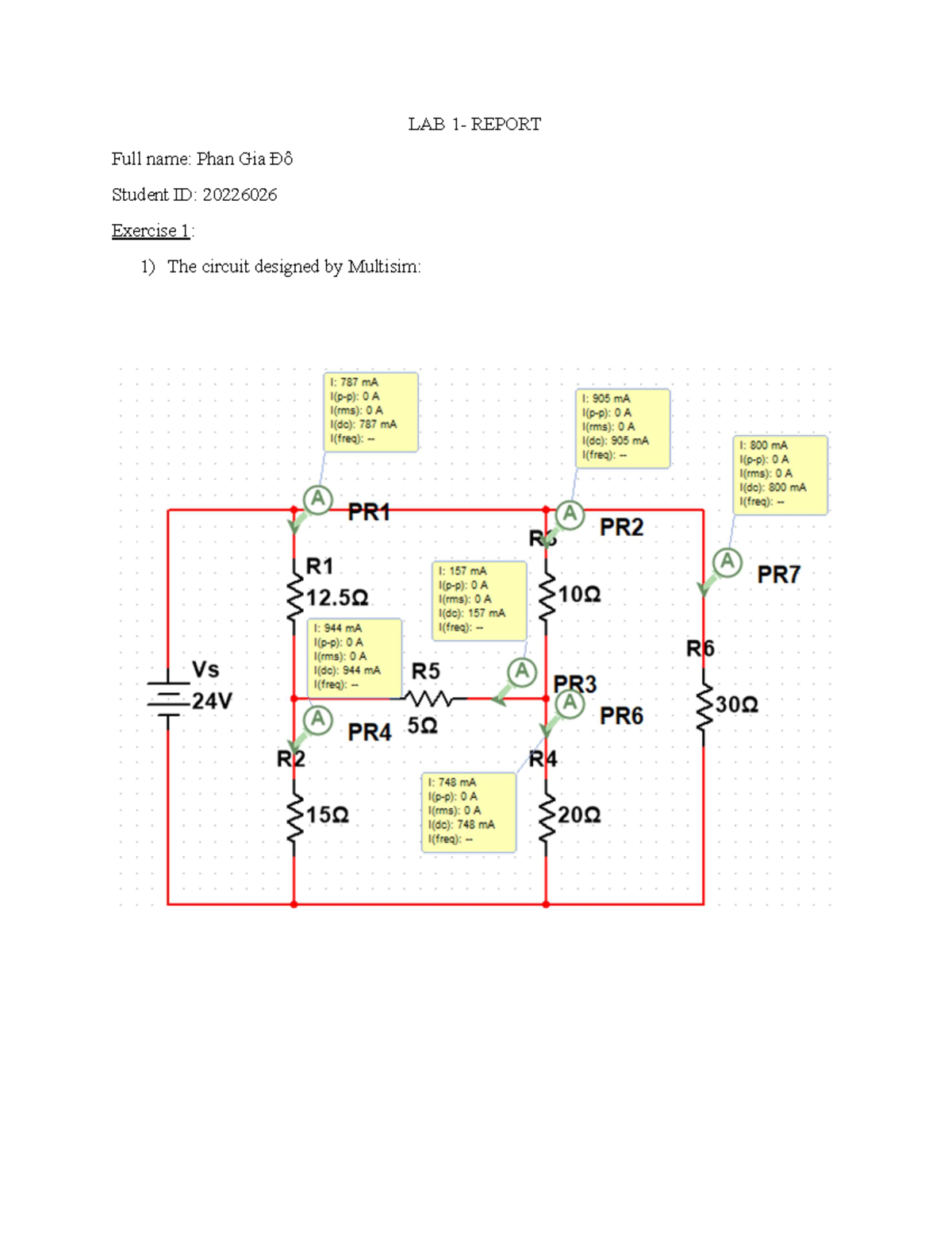 Lab 1 Report: Circuit Design & Measurements with Multisim - Studocu