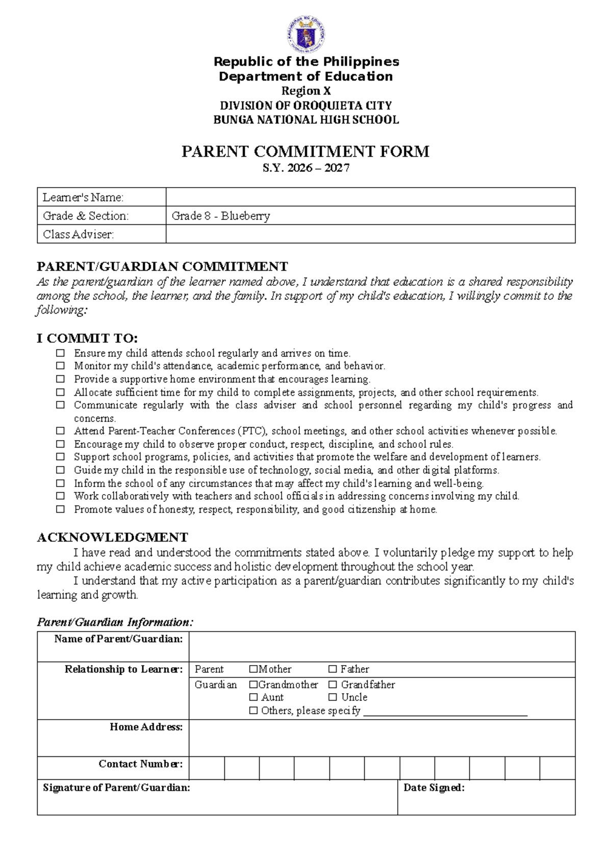 Parent Commitment Form for Grade 8 Blueberry S.Y. 2026-2027 - Studocu