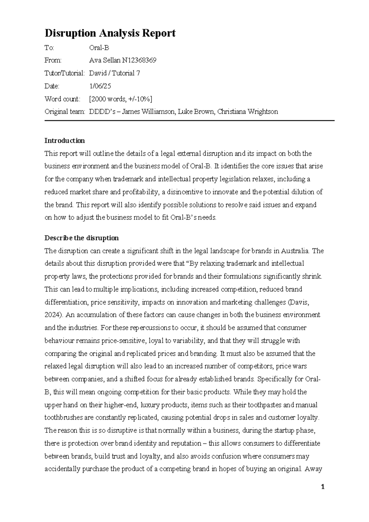 Disruption Analysis Report: Legal Impacts on Business Model (A3) - Studocu