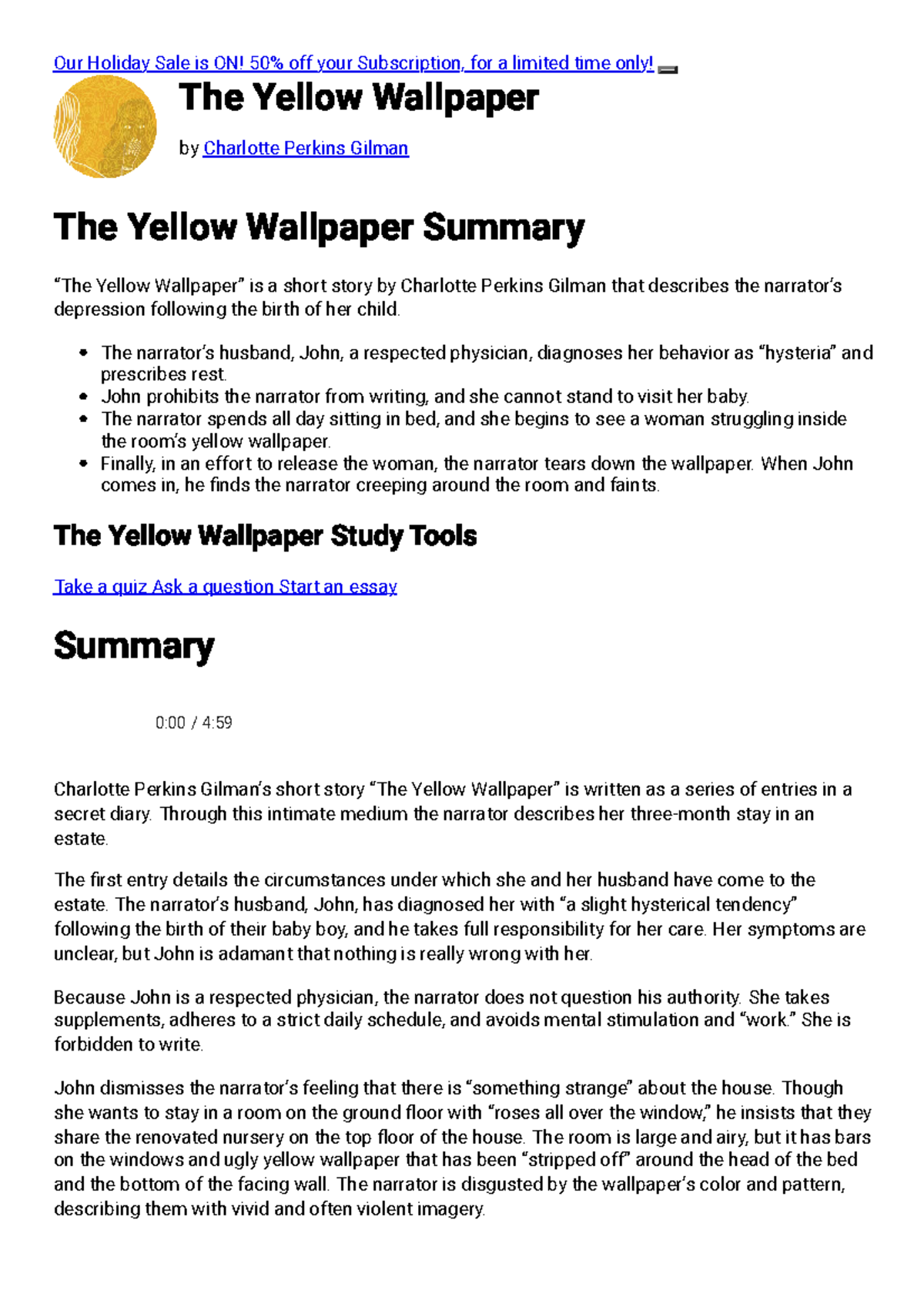 The Yellow Wallpaper Summary - Literary Analysis eNotes - Studocu