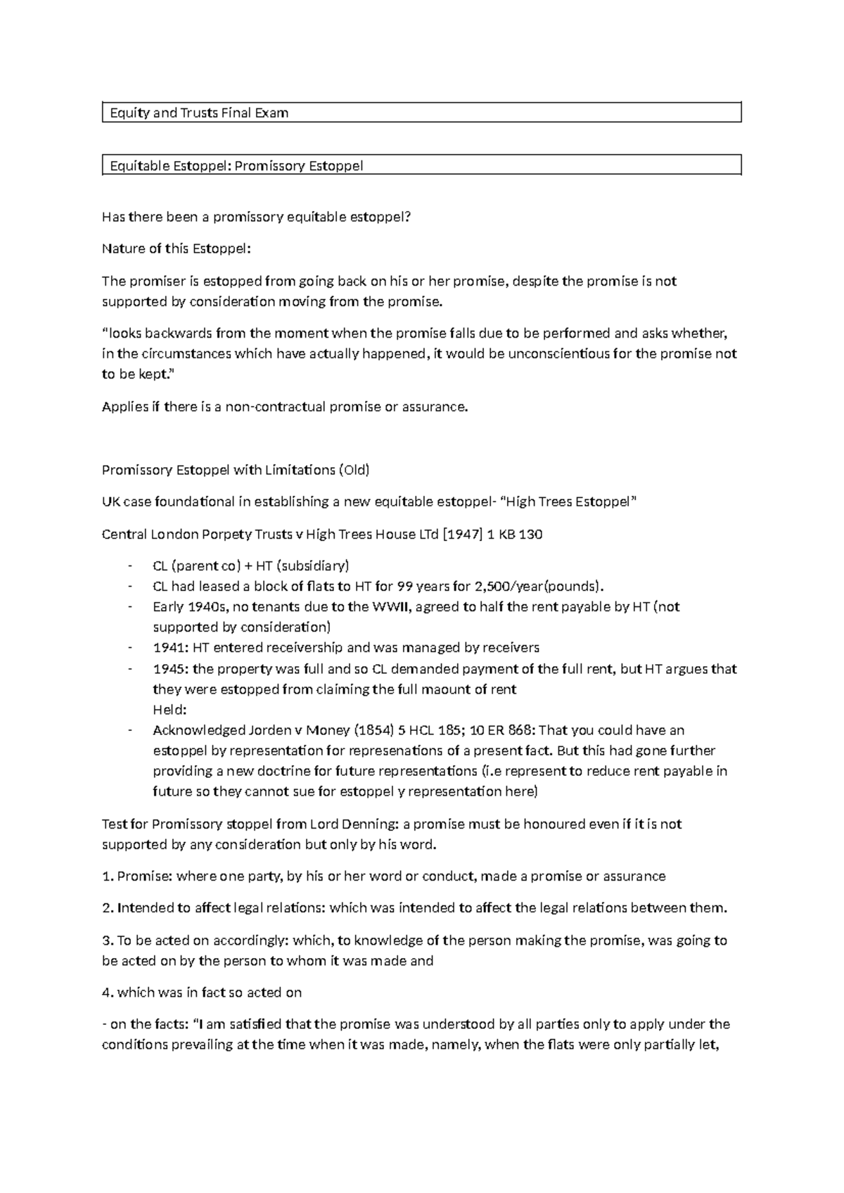 Equity and Trusts Final Exam: Understanding Promissory Estoppel - Studocu