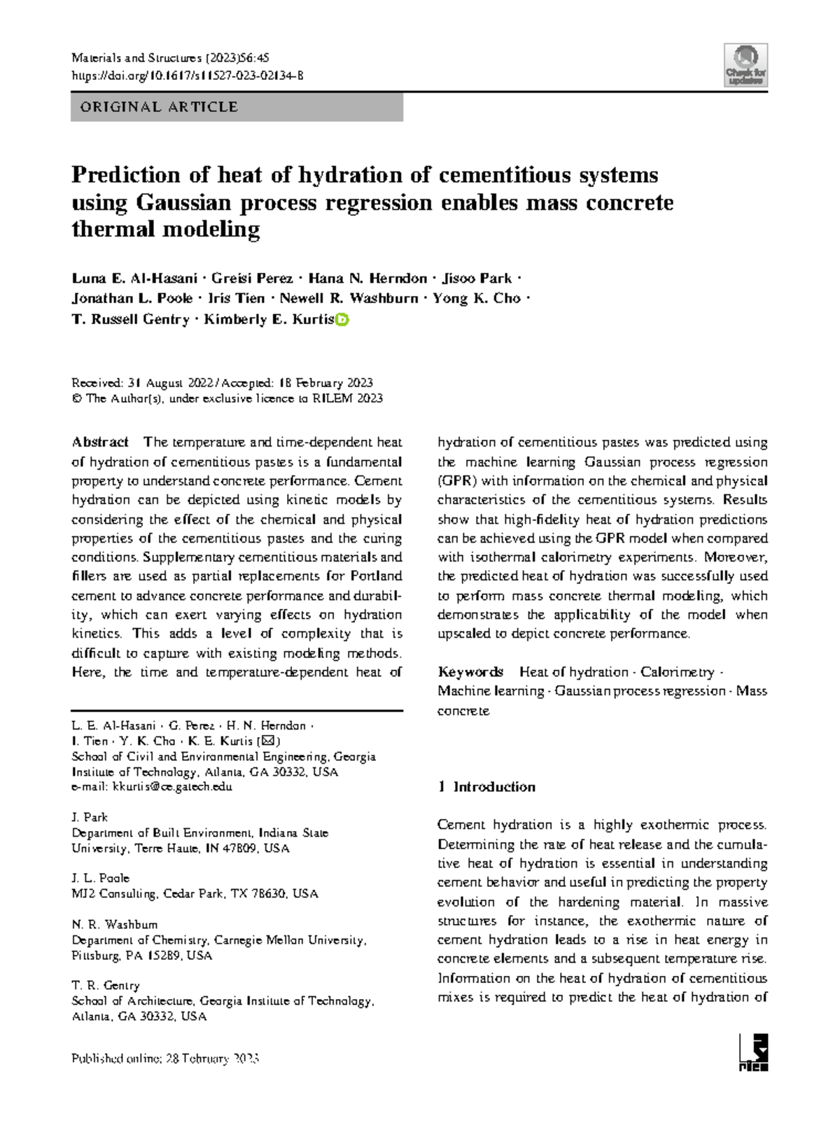 Mass Concrete Thermal Modeling: Predicting Heat of Hydration Using GPR ...