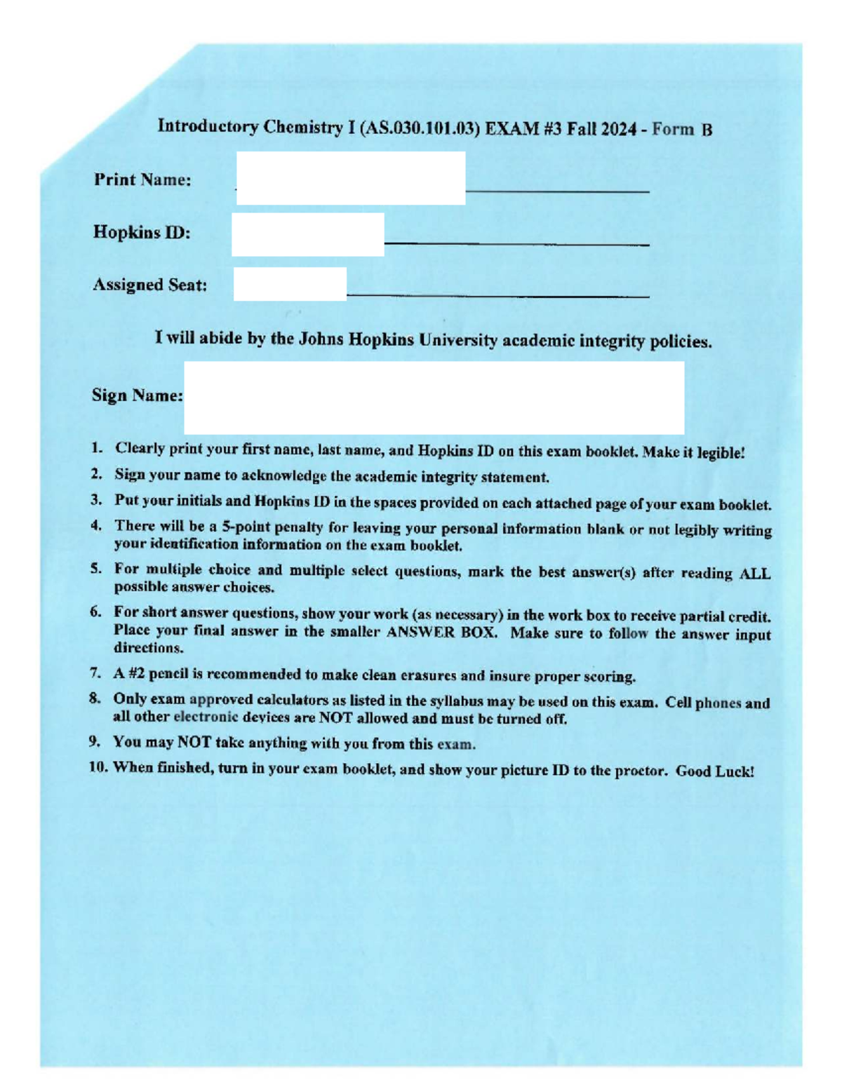 Introductory Chemistry I (AS.030.101.03) Fall 2024 Exam Form B - Studocu
