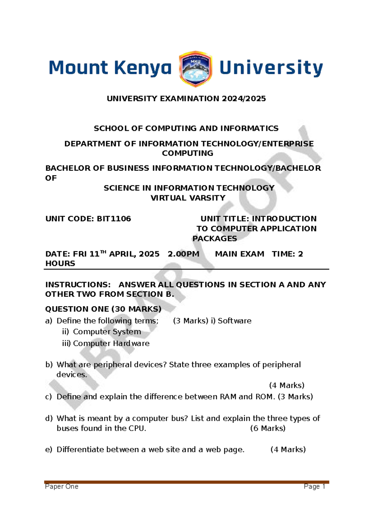 BIT1106 Final Exam: Introduction to Computer Application Packages - Studocu