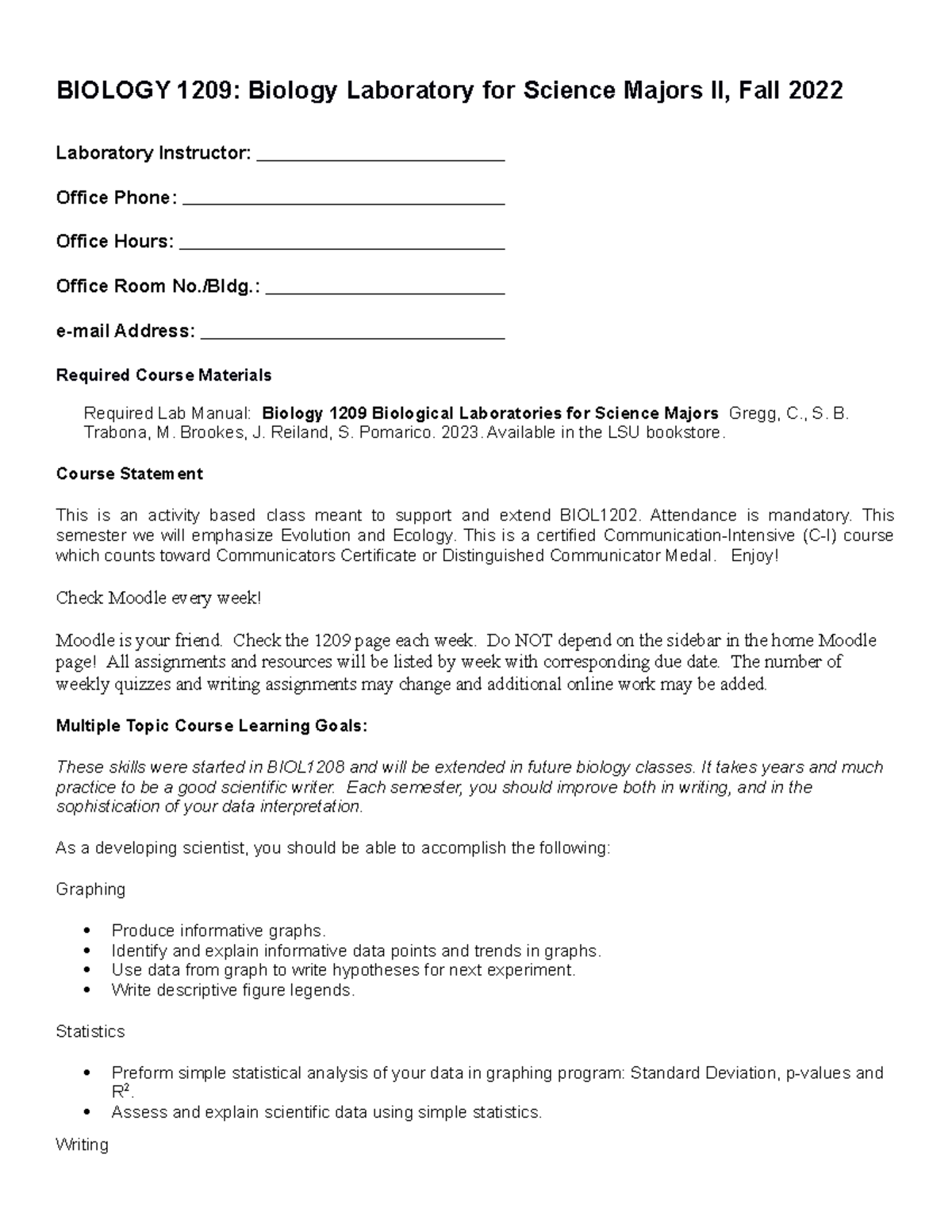 Syllabus BIO 1209: Biology Lab for Science Majors II - Fall 2022 - Studocu
