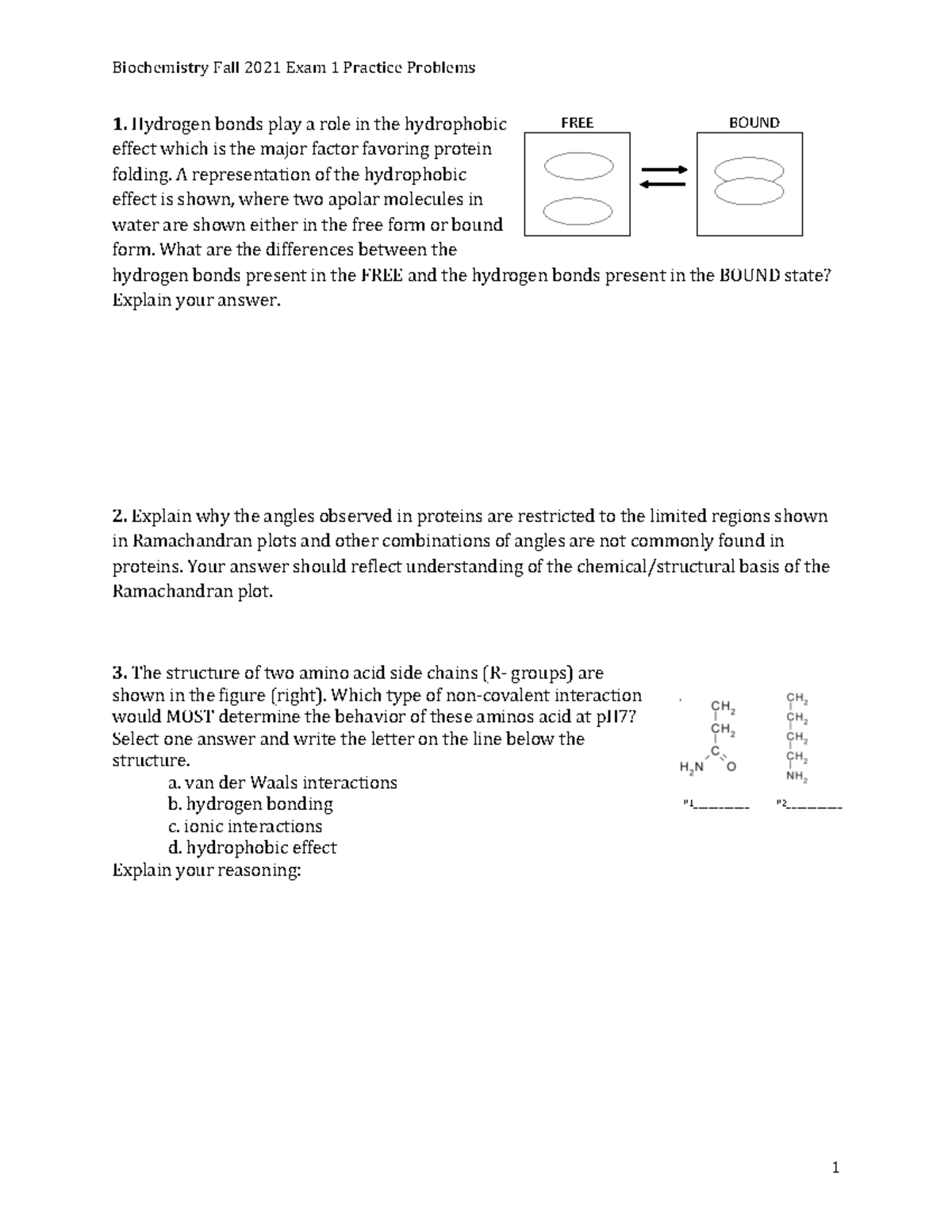 Biochemistry Fall 2021 Exam 1 Comprehensive Practice Problems - Studocu