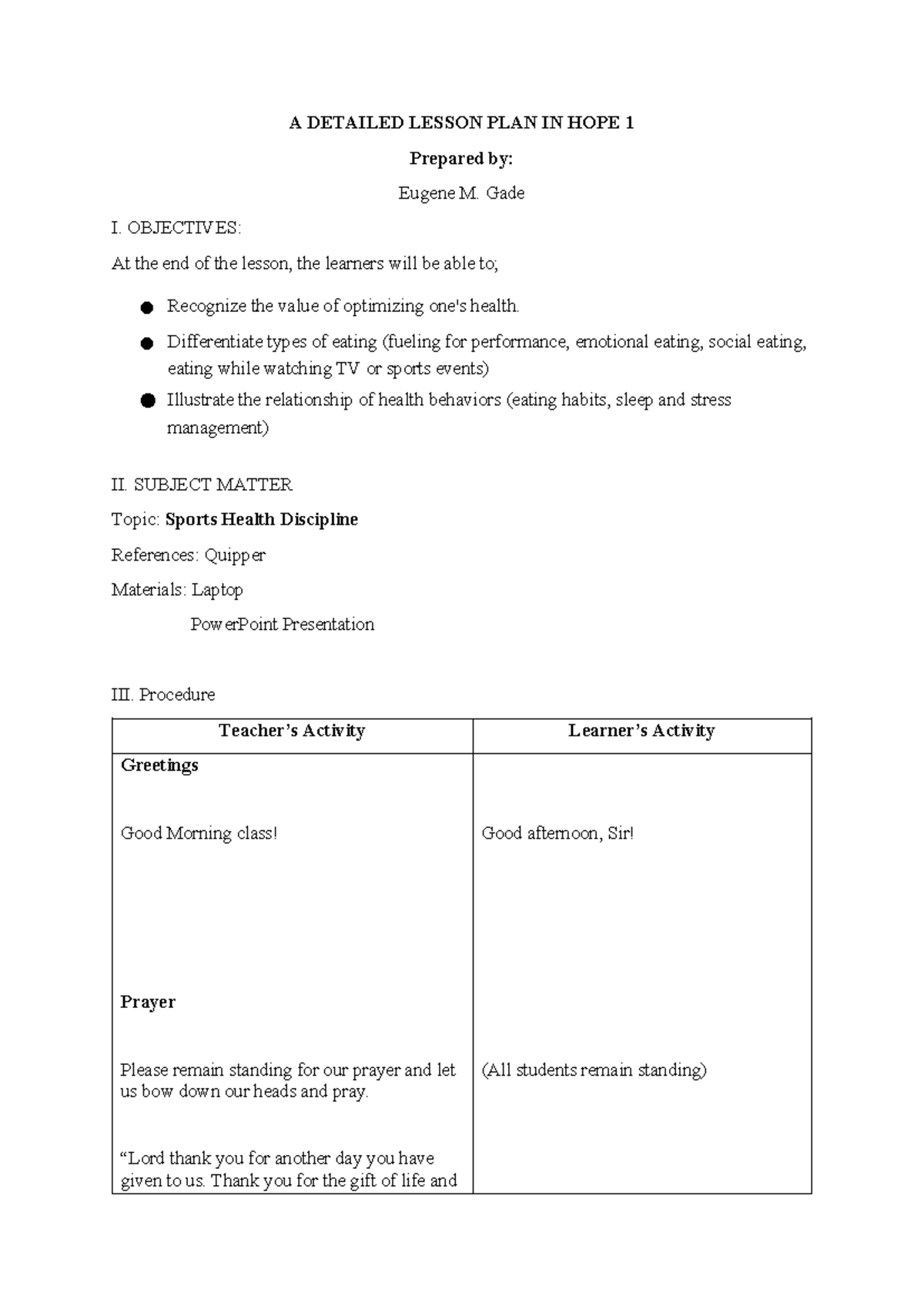 DLP HOPE 11 UNIT 9 - Comprehensive Lesson Plan on Sports Health - Studocu