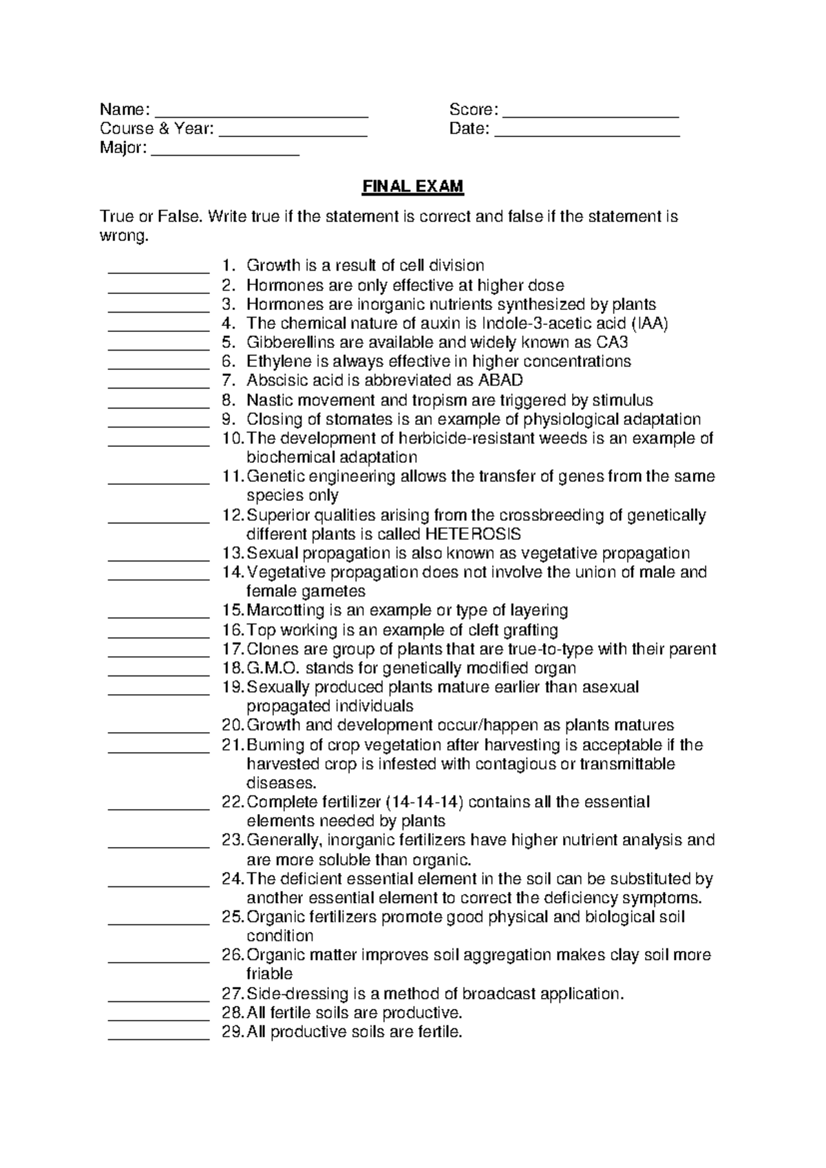 Cropsci 312 Final Exam Review: True or False Questions - Studocu