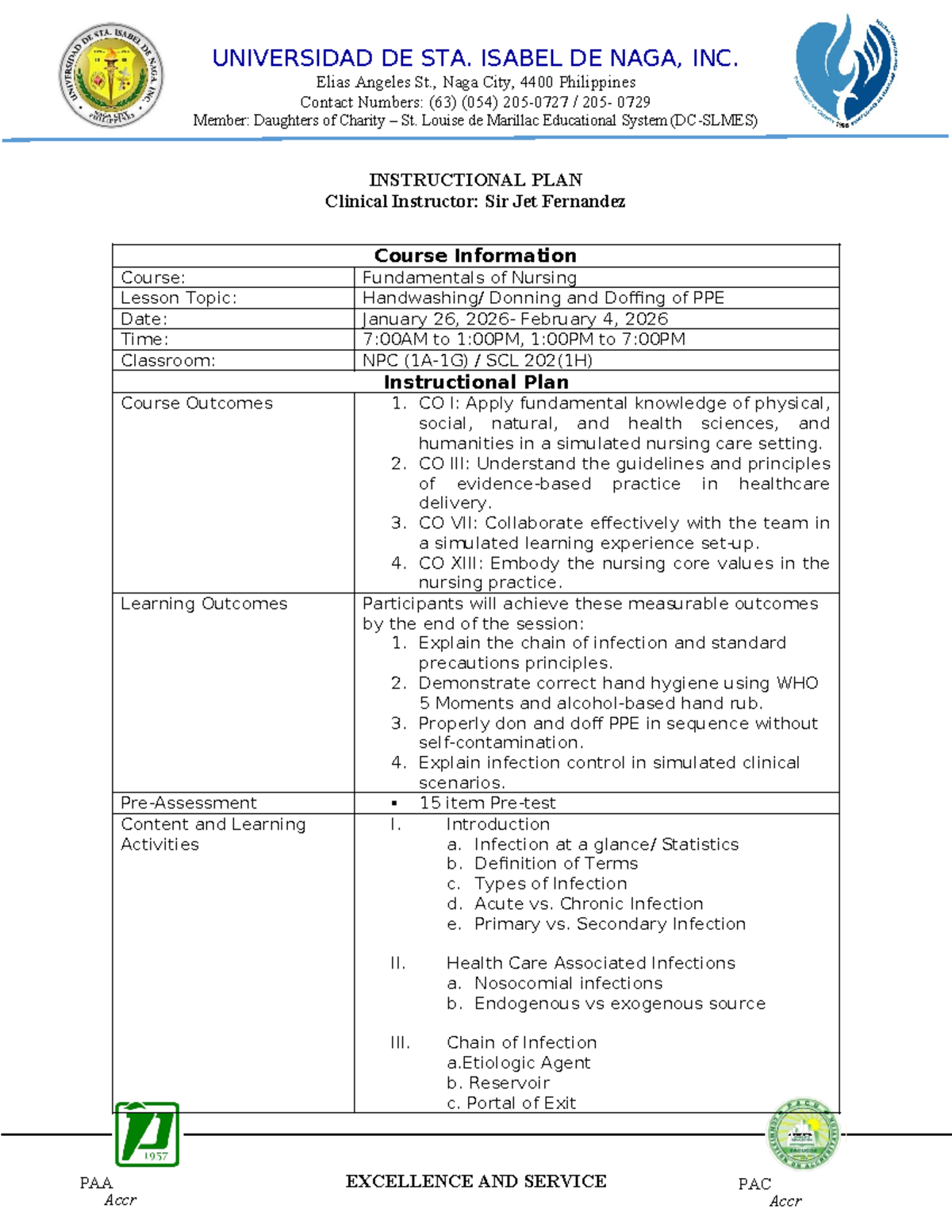 Instructional Plan: Basic Infection Control (NPC SCL 202) - Studocu