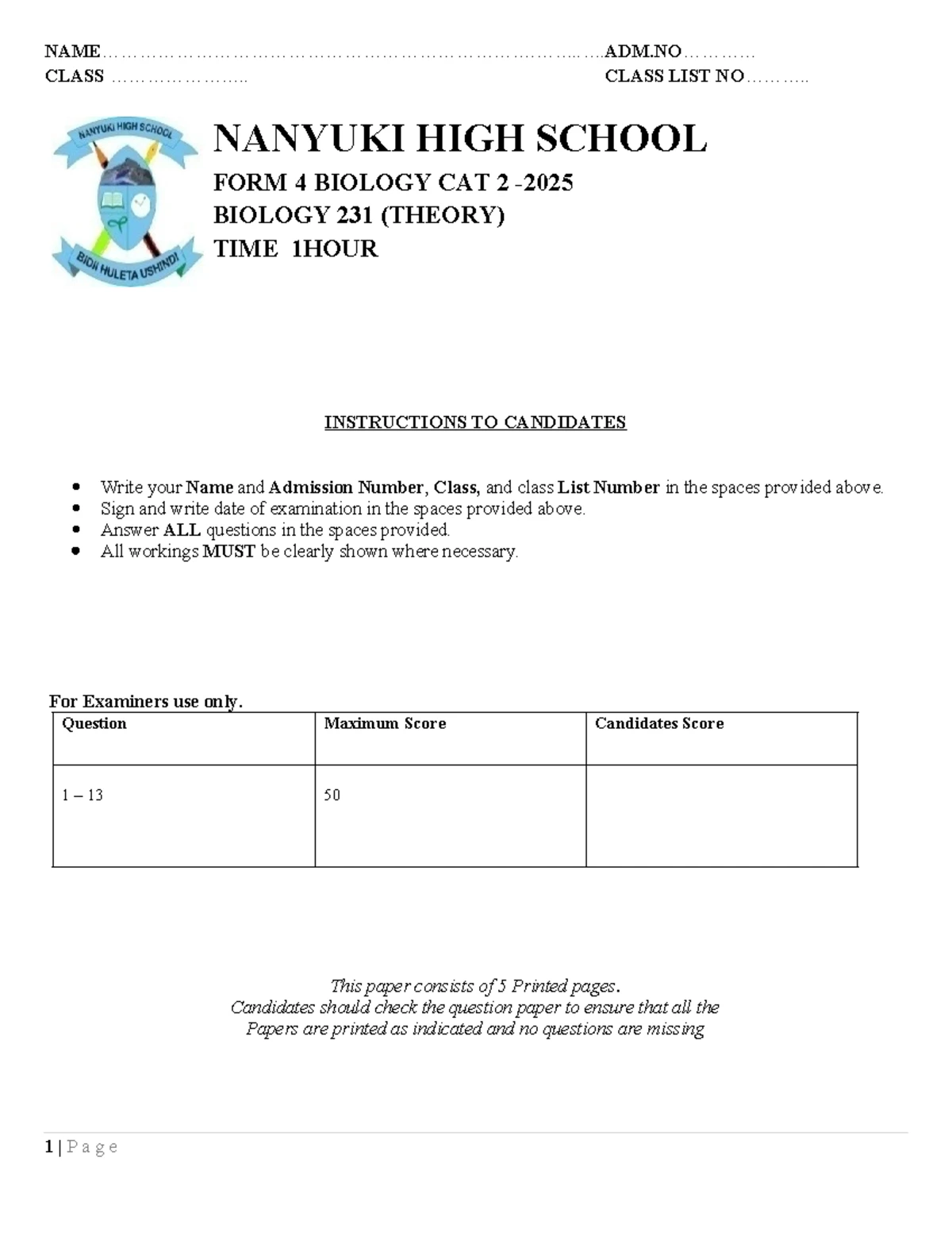 NANYUKI HIGH SCHOOL MATH FORM 2 C.A.T - 3RD JULY 2025 ADM 1 - Studocu