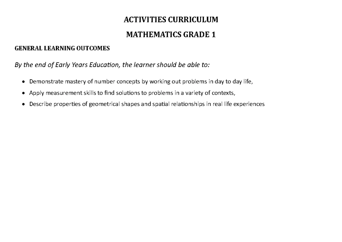 Maths PP1 Activities for Grade 1 - Curriculum 2020 - Studocu