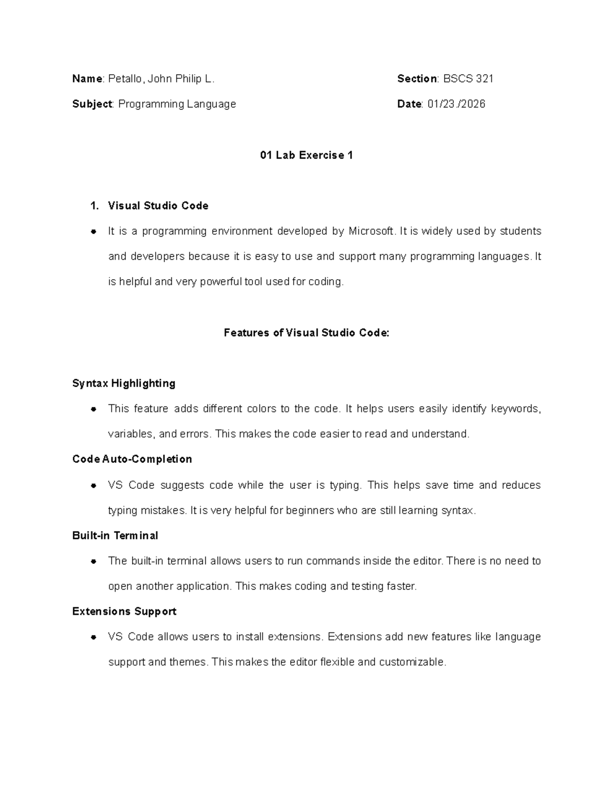 BSCS 321: Lab Exercise 1 - Overview of Visual Studio Code and NetBeans ...