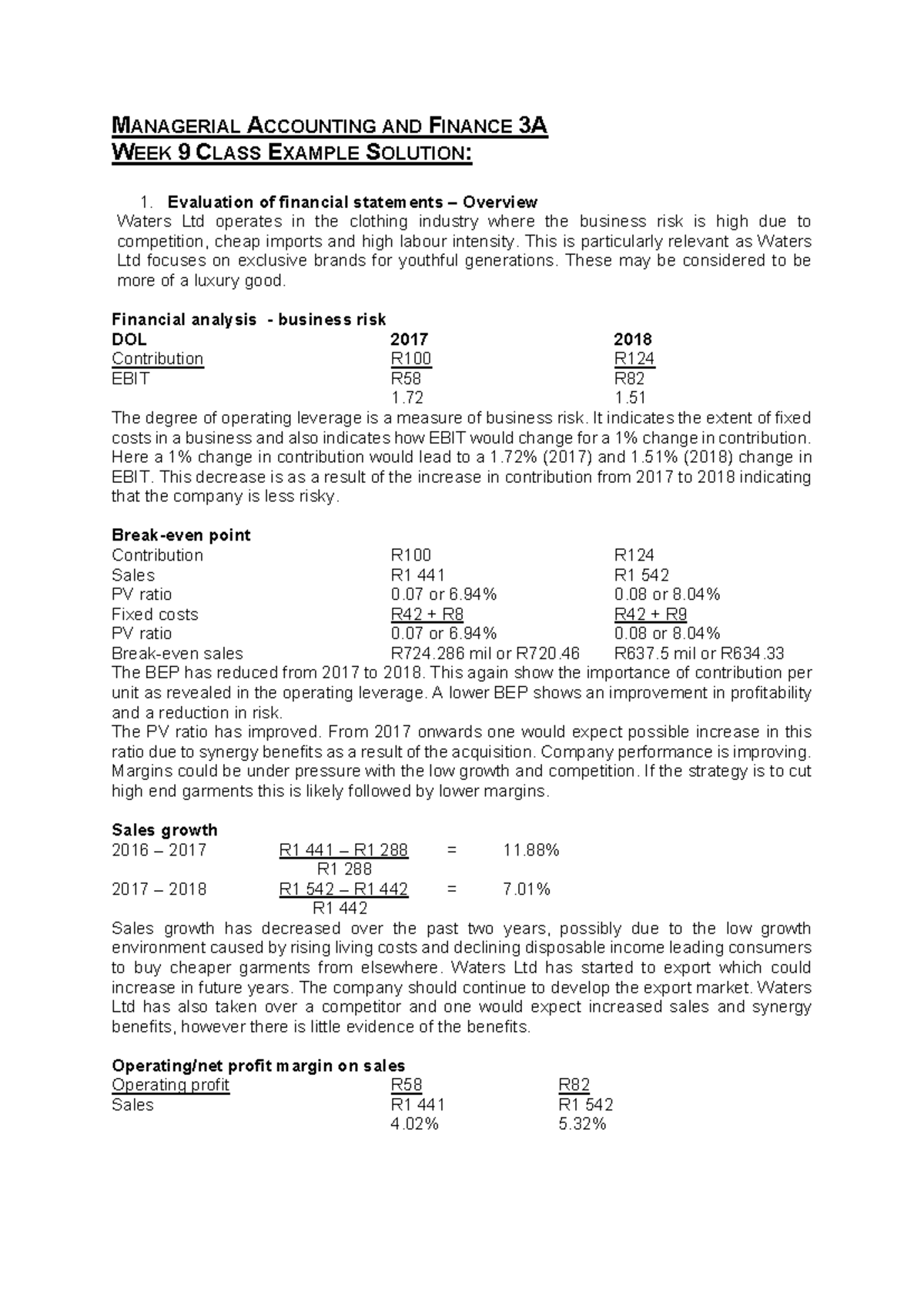ACCT331 Class example solutions - MANAGERIAL ACCOUNTING AND FINANCE 3A ...