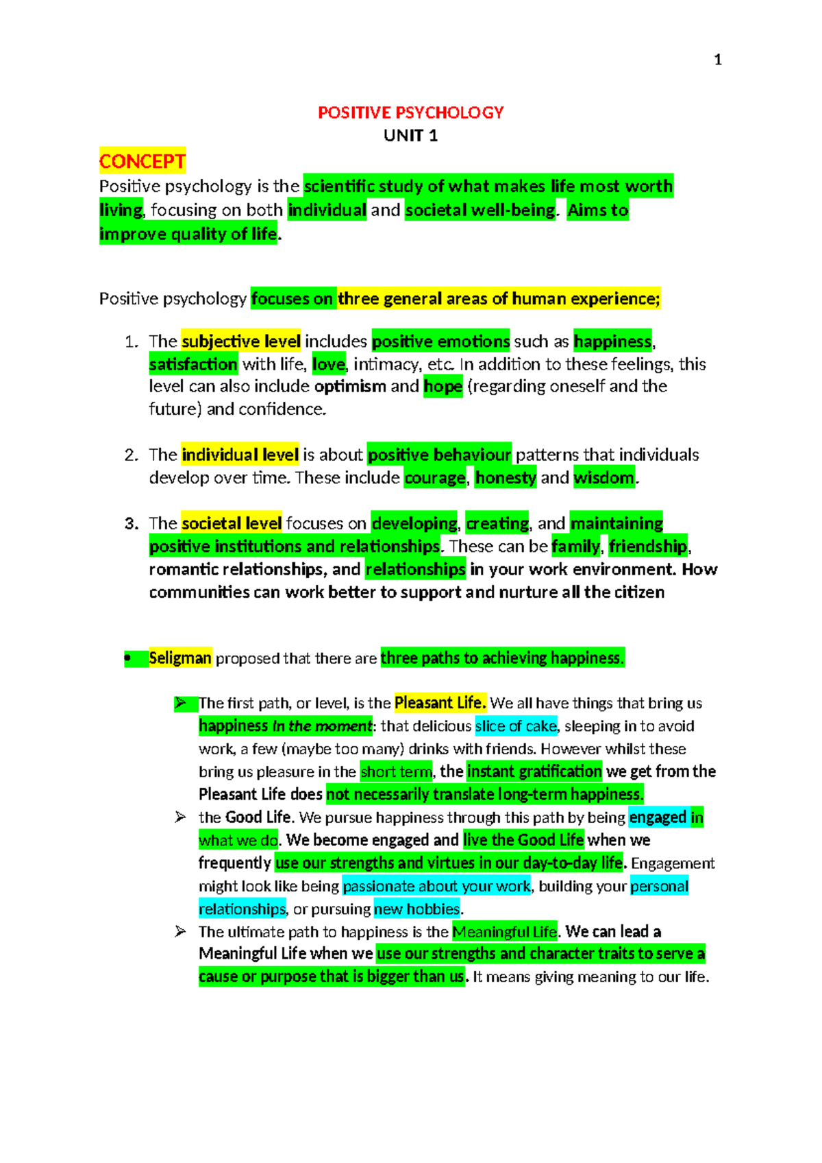 Positive Psychology Notes (CFSJ) - Exploring Happiness and Wellbeing ...