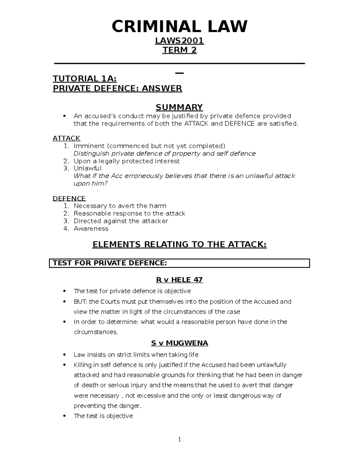 124184 - TUTORIAL: PRIVATE DEFENCE SUMMARY AND KEY ELEMENTS - Studocu