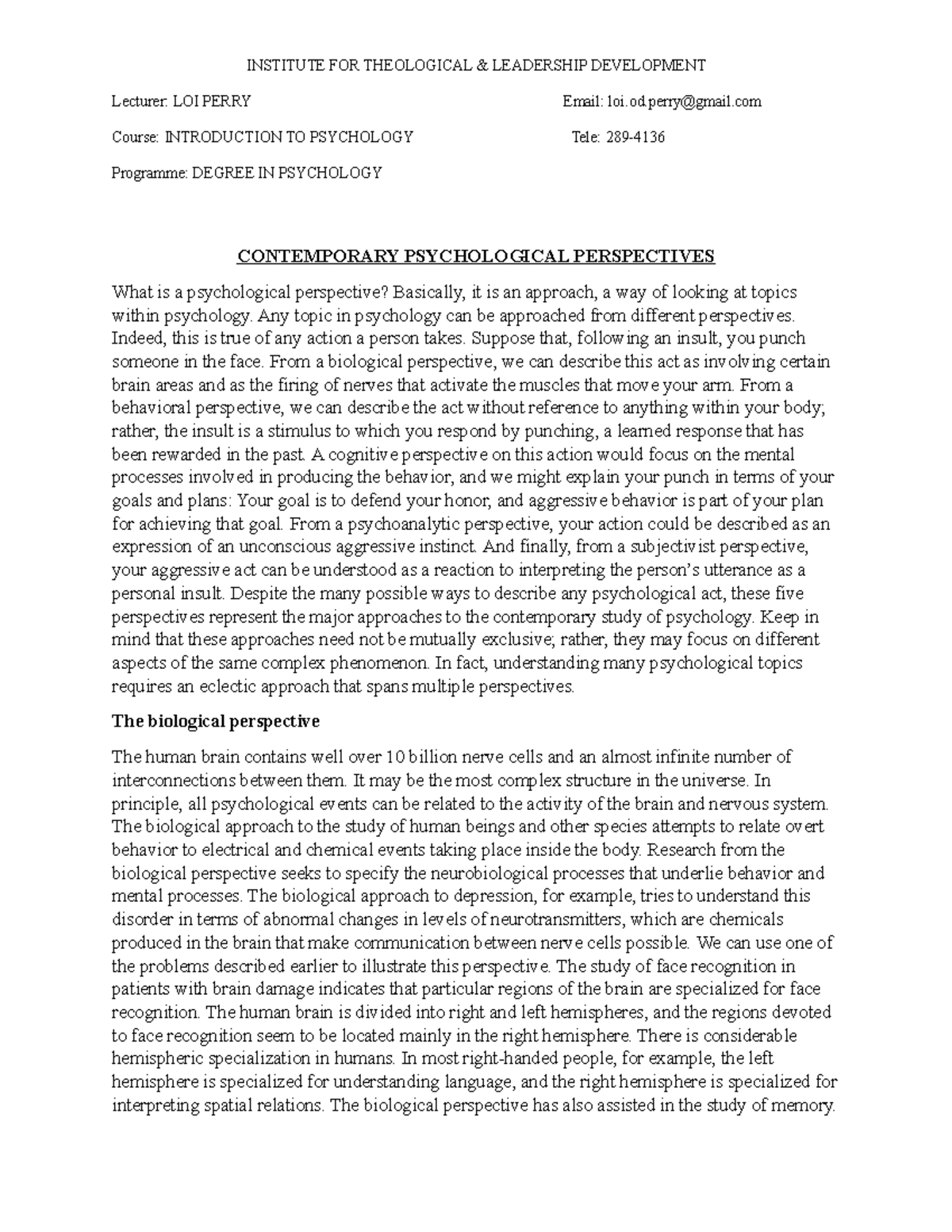 Contemporary Psychological Perspectives and fields of study - Lecturer ...