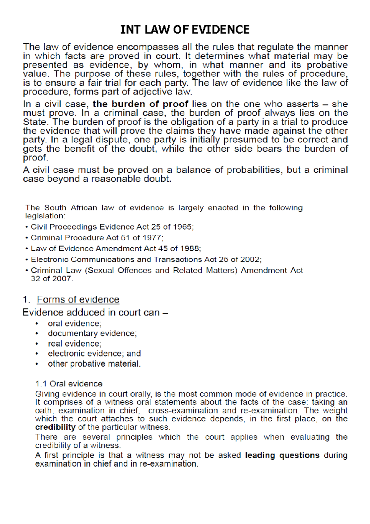 7 INT Notes ON THE LAW OF Evidence 2020 - Copy - Int 1541 - INT LAW OF ...