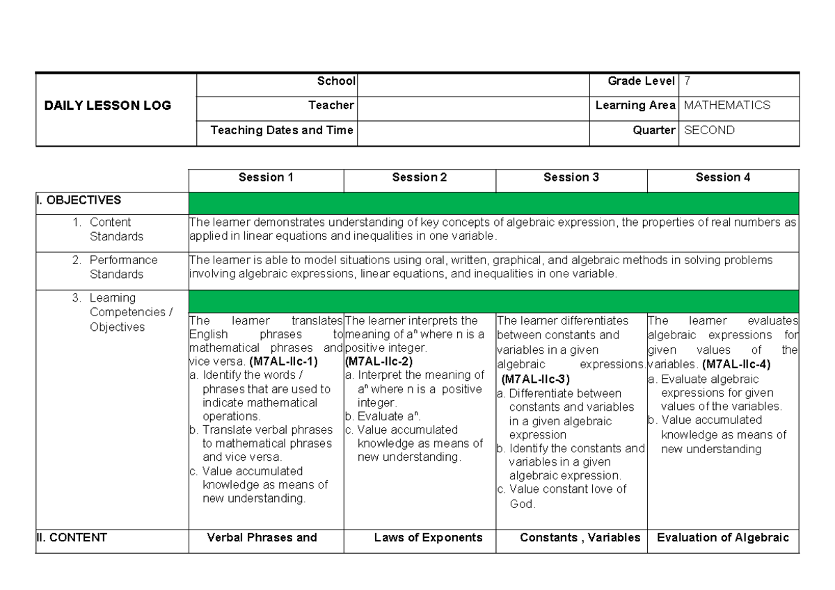 Week 3 – Grade 7 Math Daily Lesson Log on Algebraic Expressions - Studocu