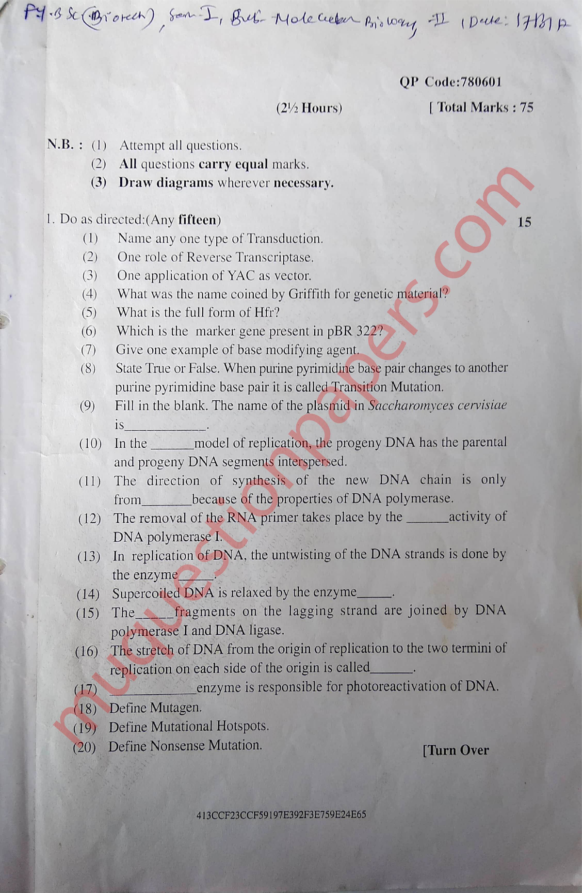 BIOL II Final Exam QP 780601: Molecular Biology Concepts and Questions ...