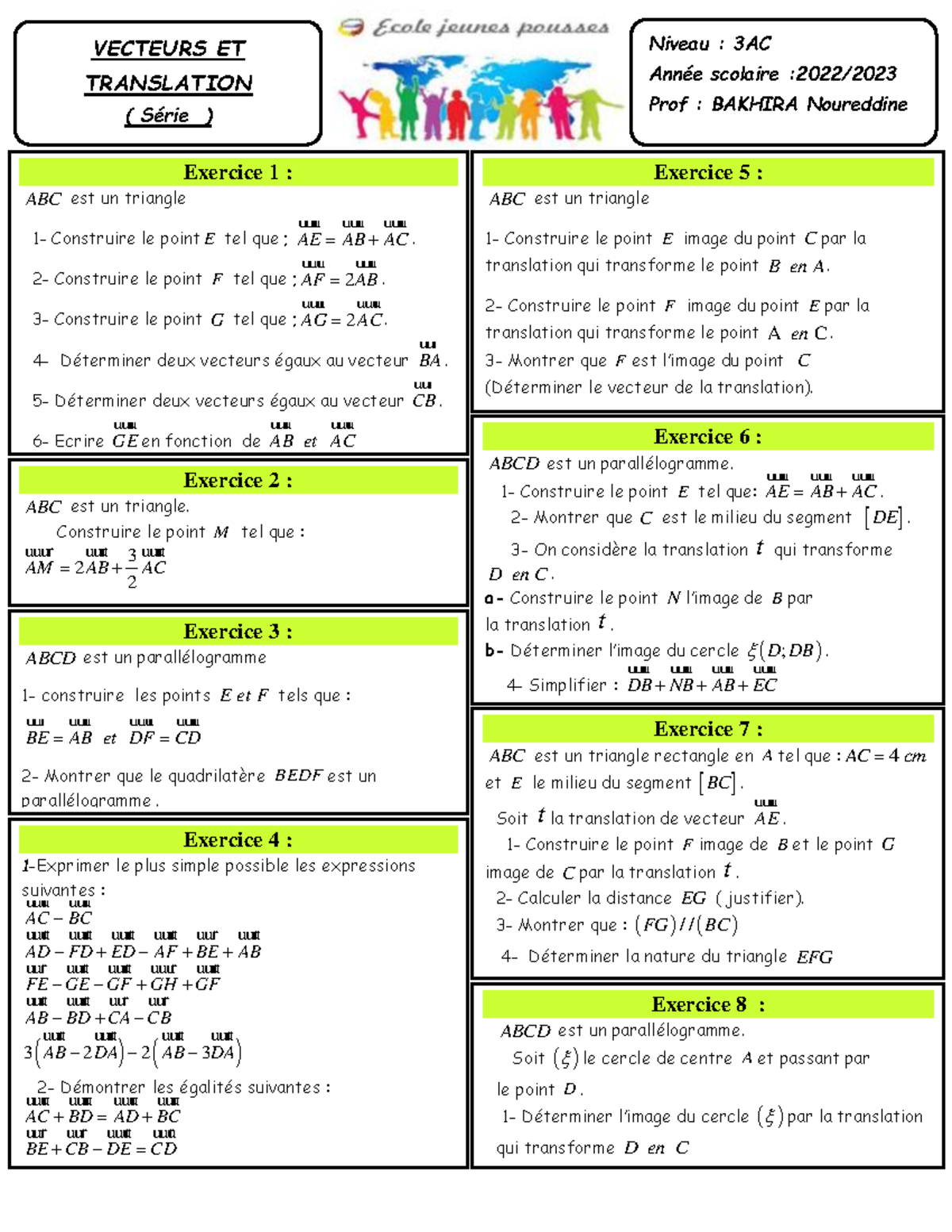 3AC Vecteurs et Translation - Exercices série 2022-2023 - Studocu