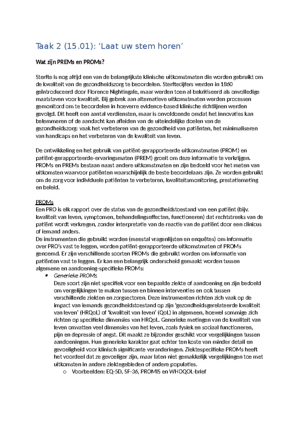 Taak 2 (15.01): PREMs en PROMs in de Gezondheidszorg - Studeersnel
