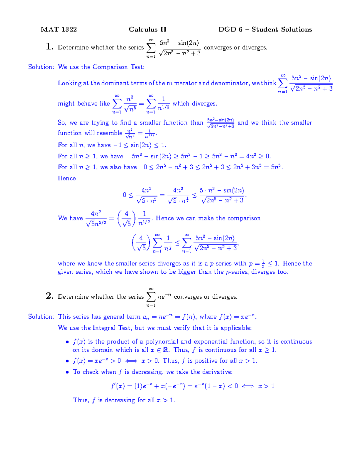 MAT 1322 Calculus II DGD 6 Series Convergence Solutions - Studocu