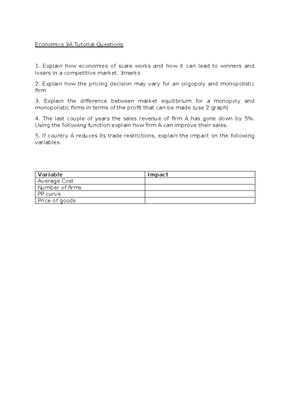 Economics 3A Tutorial: Chapter 8 Questions & Concepts - Studocu