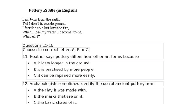 🏺 Pottery Riddle: English Final Test Questions & Answers - Studocu