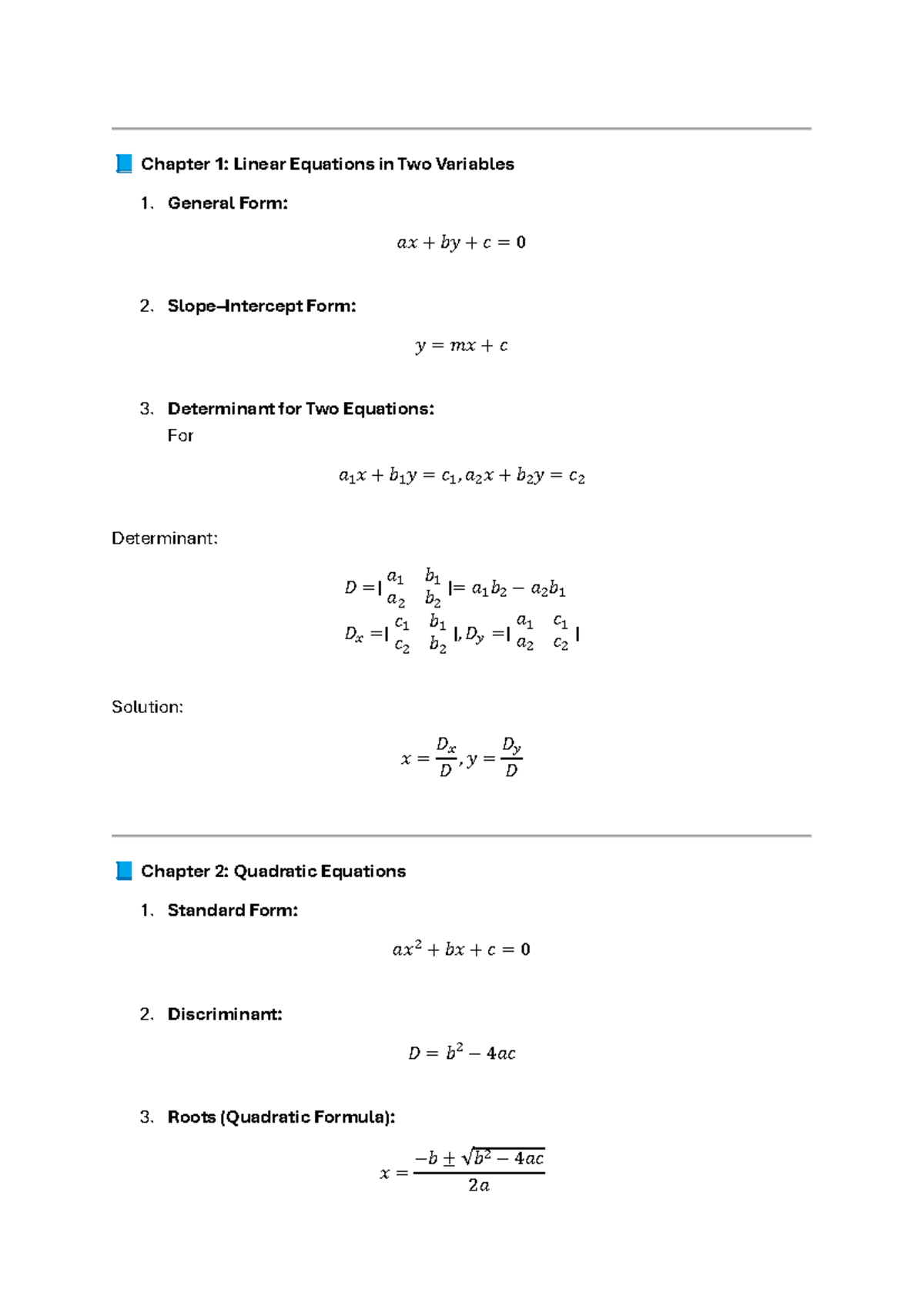 Maths 1: Key Formulas for Linear & Quadratic Equations and More - Studocu