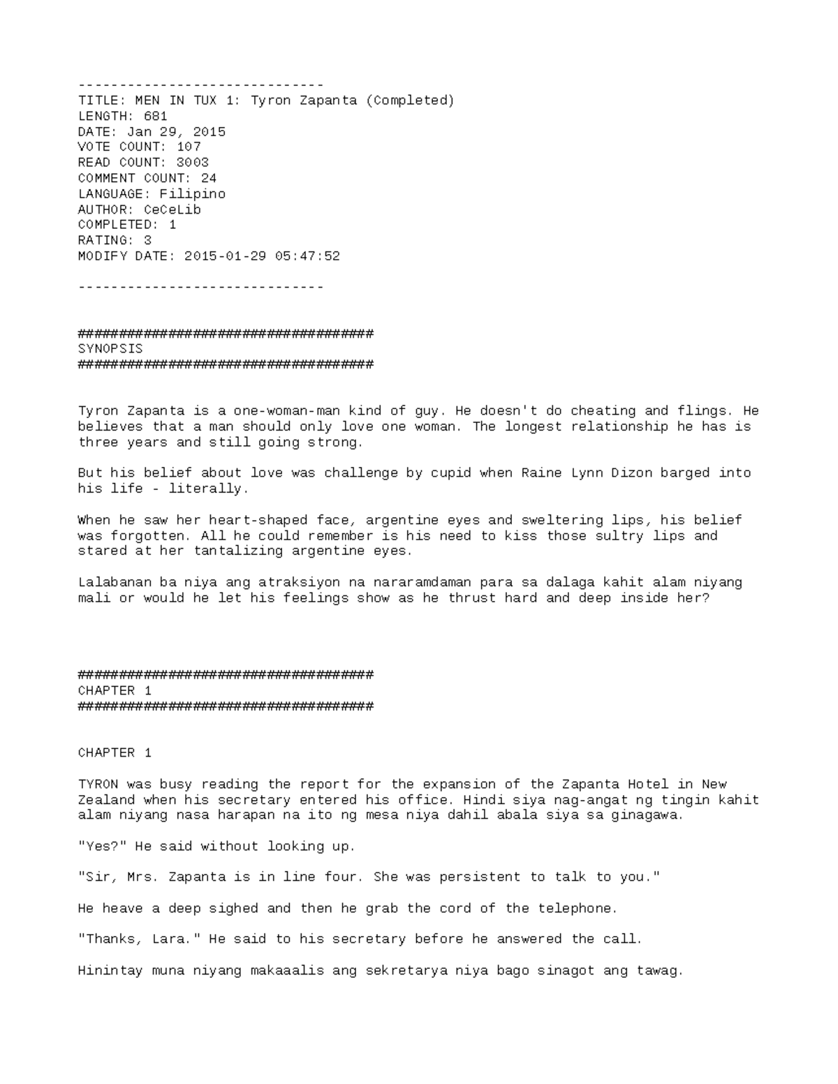 P1 - Summary of "Men in Tux 1: Tyron Zapanta" Novel - Studocu