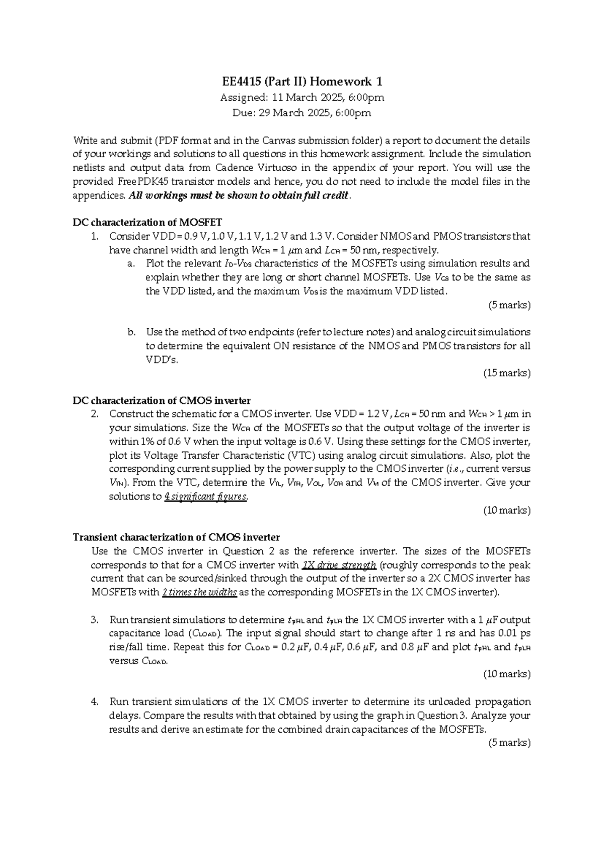EE4415 (Part II) - Homework 1: MOSFET & CMOS Inverter Characterization ...