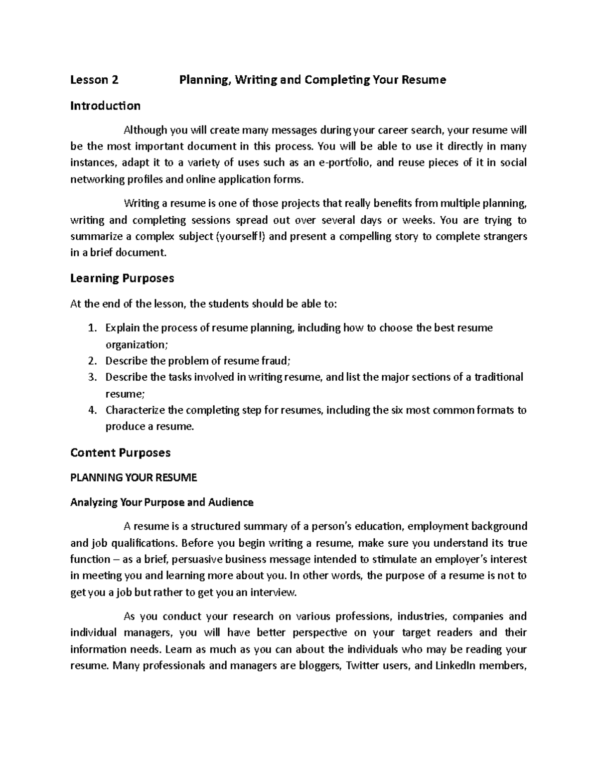 Resume- Writing - Lesson 2 Planning, Writing and Completing Your Resume ...