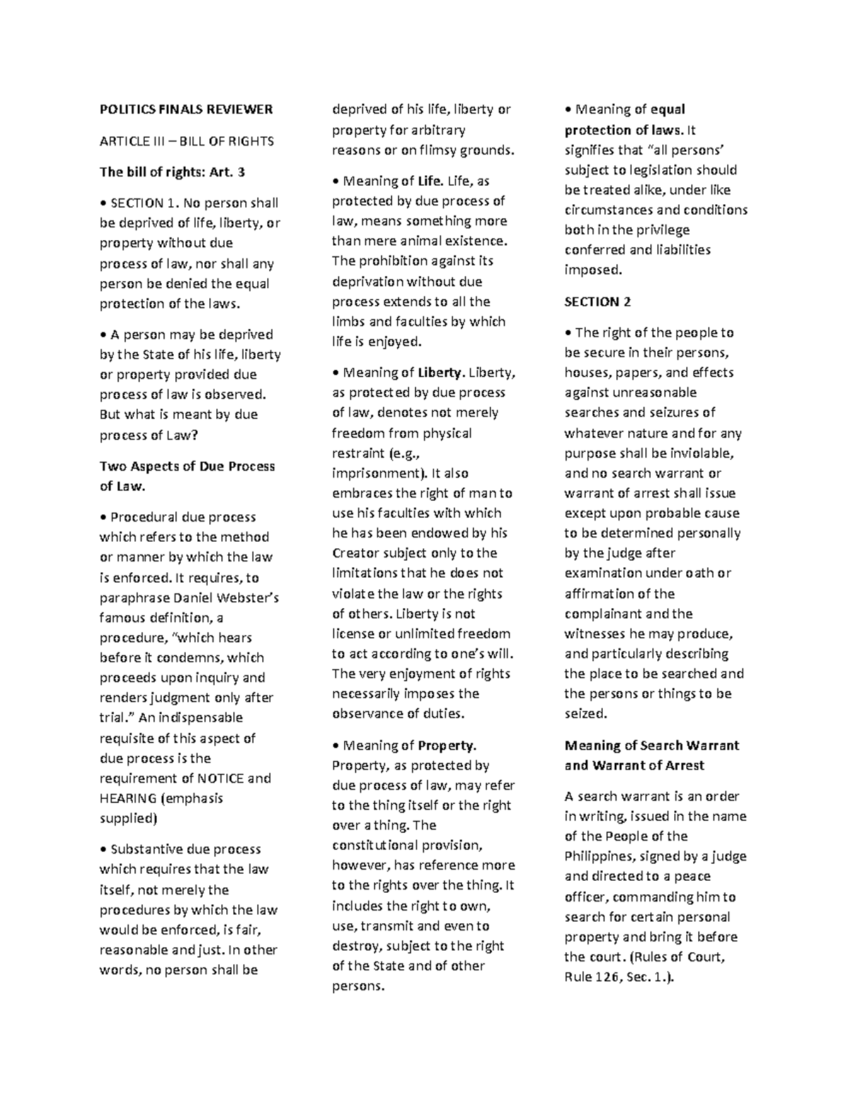 Politics 101: Comprehensive Finals Reviewer on Bill of Rights - Studocu