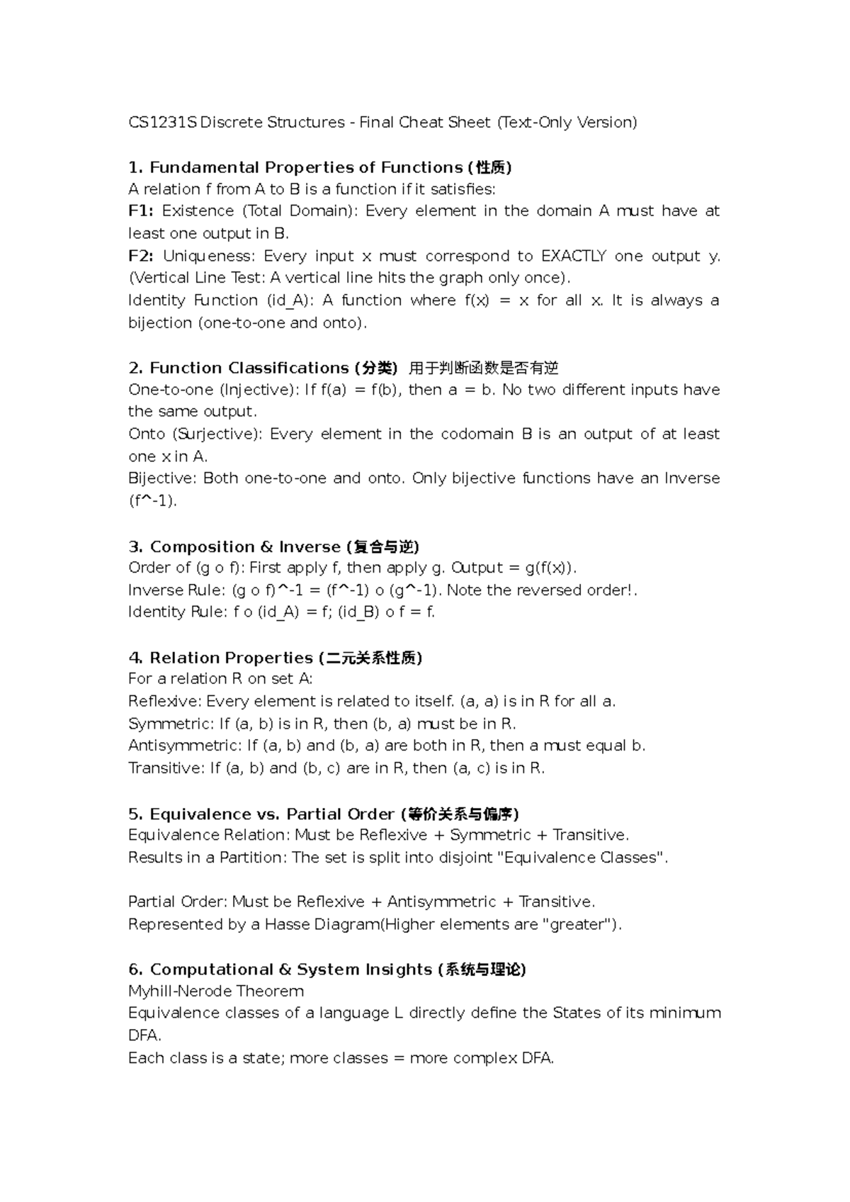 CS1231S Discrete Structures Final Exam Cheat Sheet - Studocu