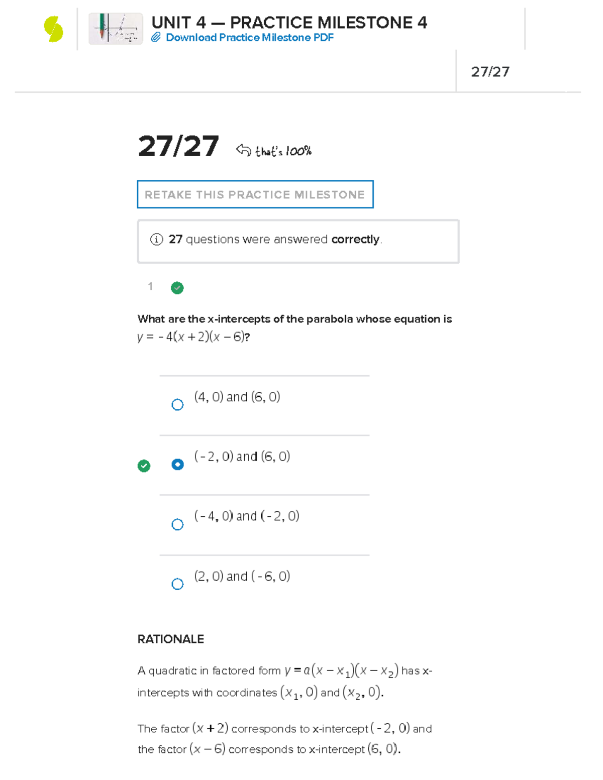 UNIT 4 PRACTICE MILESTONE 4: Quadratic Equations & Graphing Concepts ...