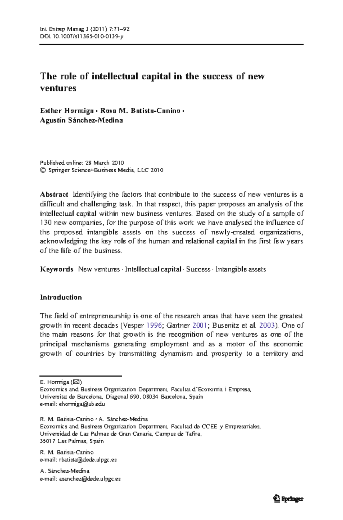 The Role of Intellectual Capital in New Ventures' Success (Int Entrep ...
