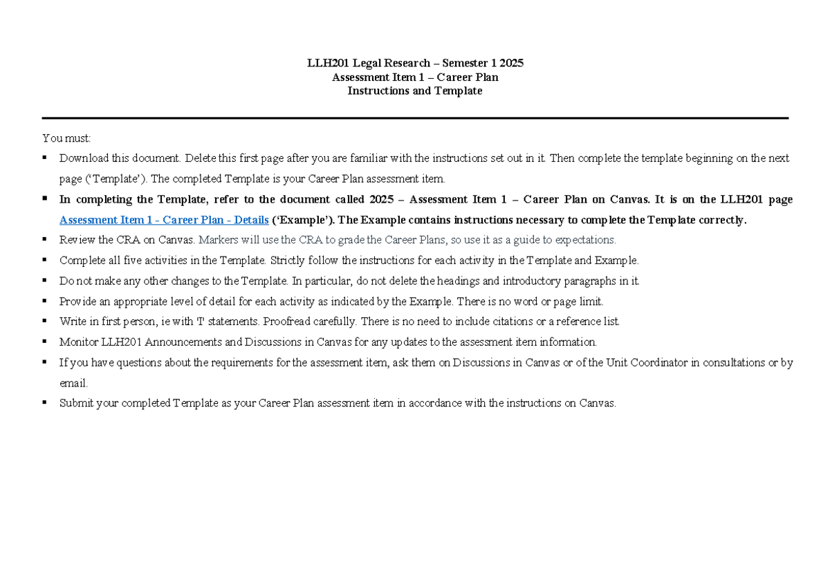 LLH201 2025 Career Plan Assessment Item 1 Instructions & Template - Studocu