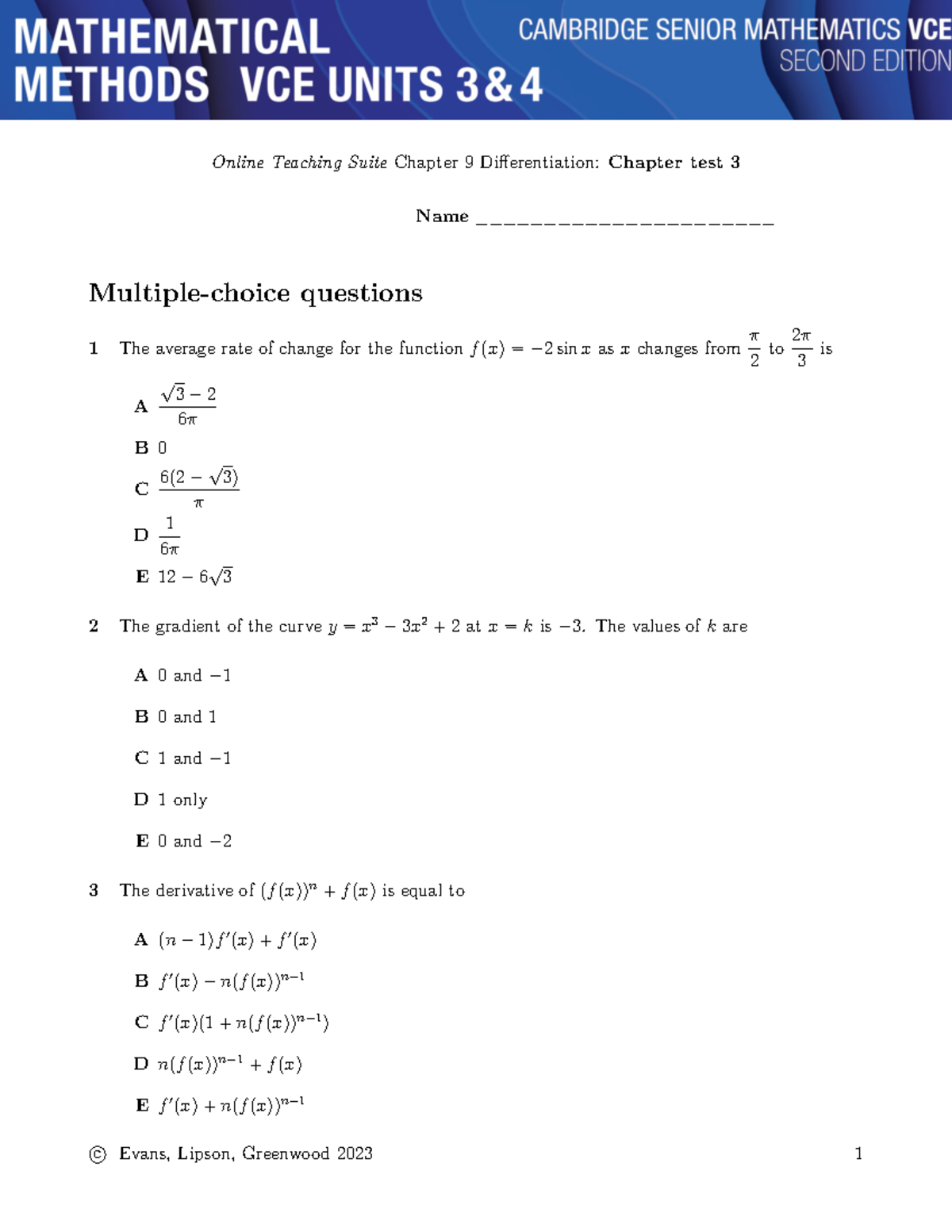 Chapter 9 Test 3 - Practice Questions on Differentiation Techniques ...