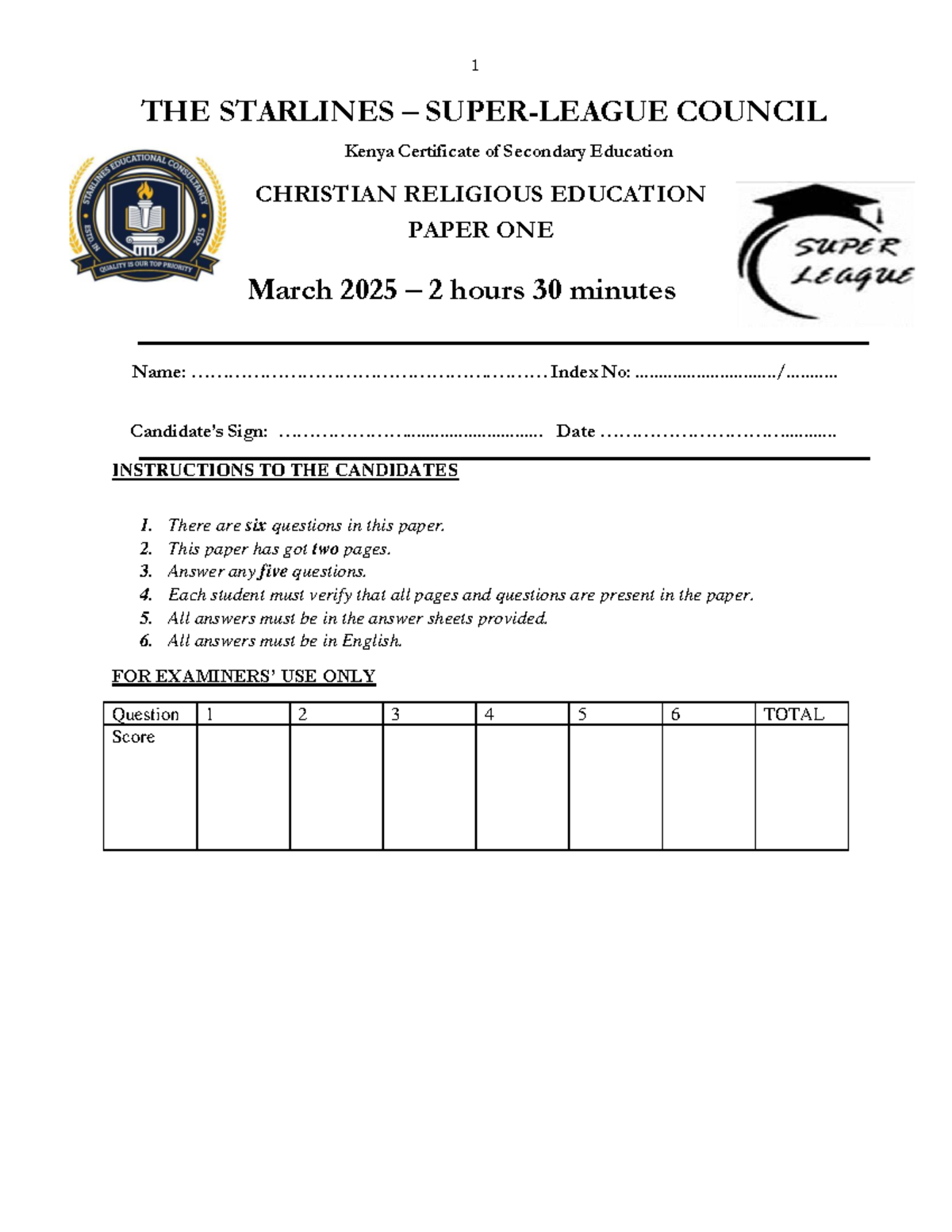 KCSE CRE Paper 1 Question Paper - March 2025 Revision - Studocu