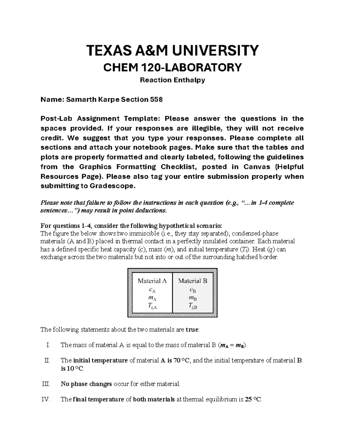 Spring 2025 - CHEM 120 - Lab Report on Reaction Enthalpy Analysis - Studocu