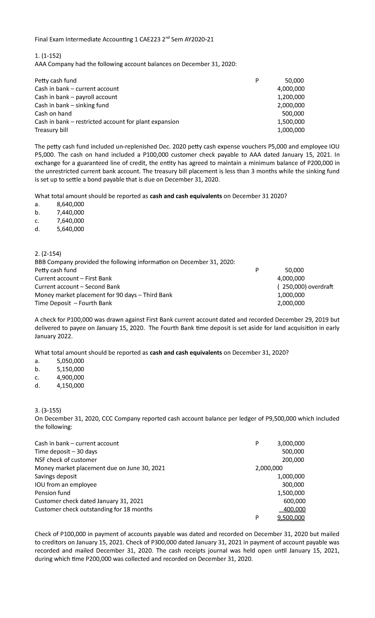 Final Exam Intermediate Accounting 1 CAE223 2nd Sem AY2020-2021 - Studocu
