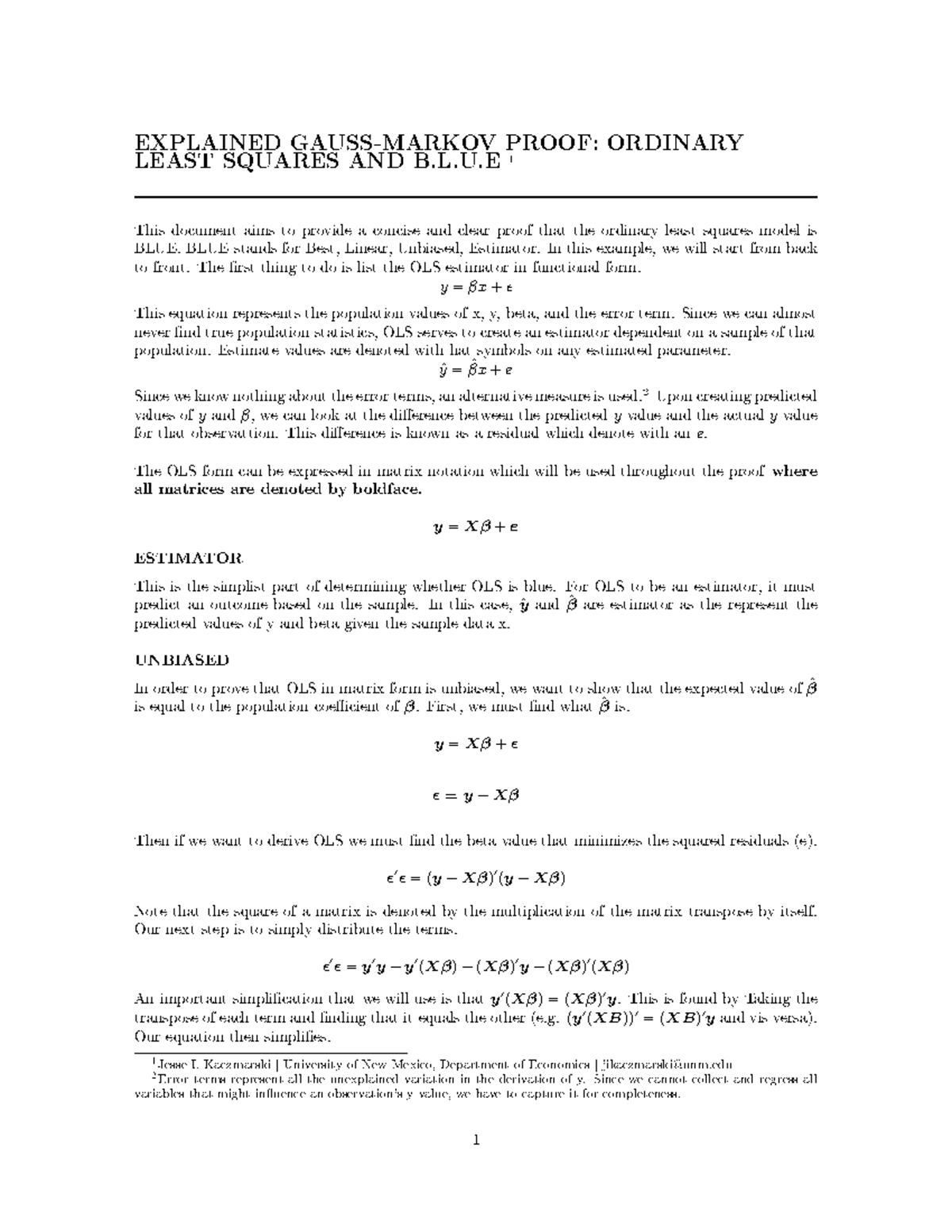 Gauss-Markov Theorem Proof: OLS as BLUE Estimator in Econometrics - Studocu