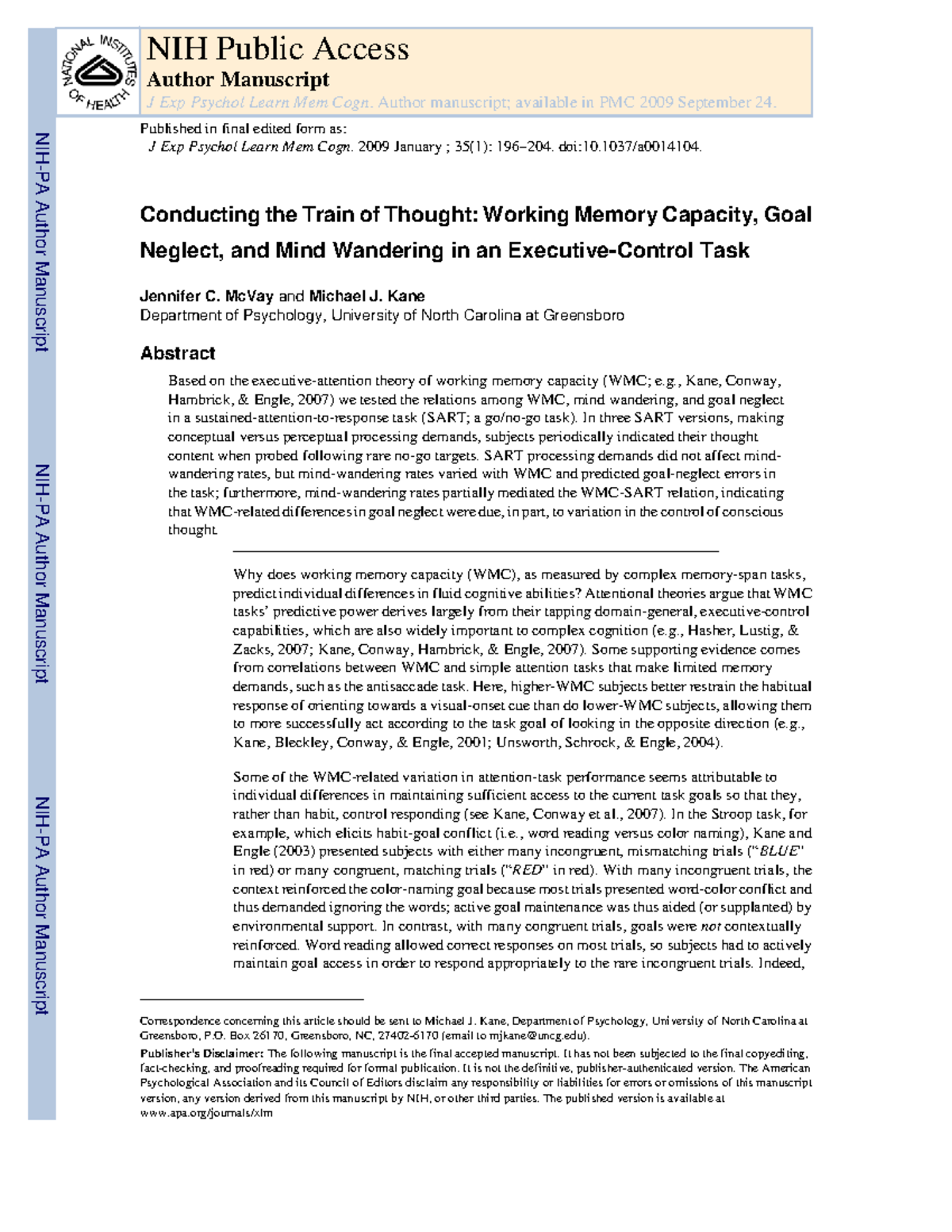 Working Memory Capacity and Mind Wandering: Insights from SART (PSY ...