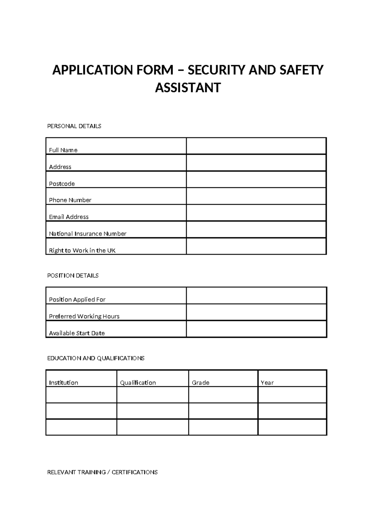 Blank Application Form – Security and Safety Assistant - Studocu
